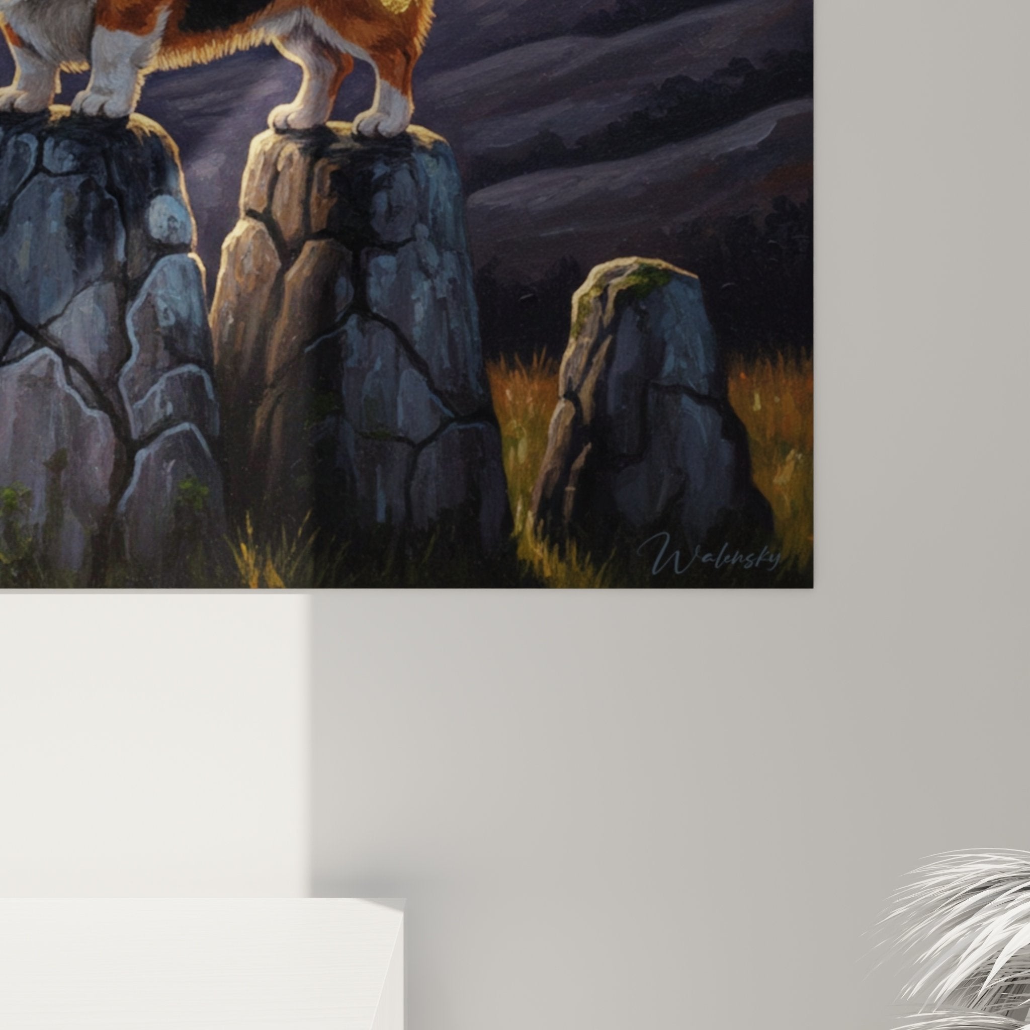 Vollständige Ansicht Gemälde Corgi Pembroke mystisch orangener Sonnenuntergang alte Felsen spirituelle Komposition