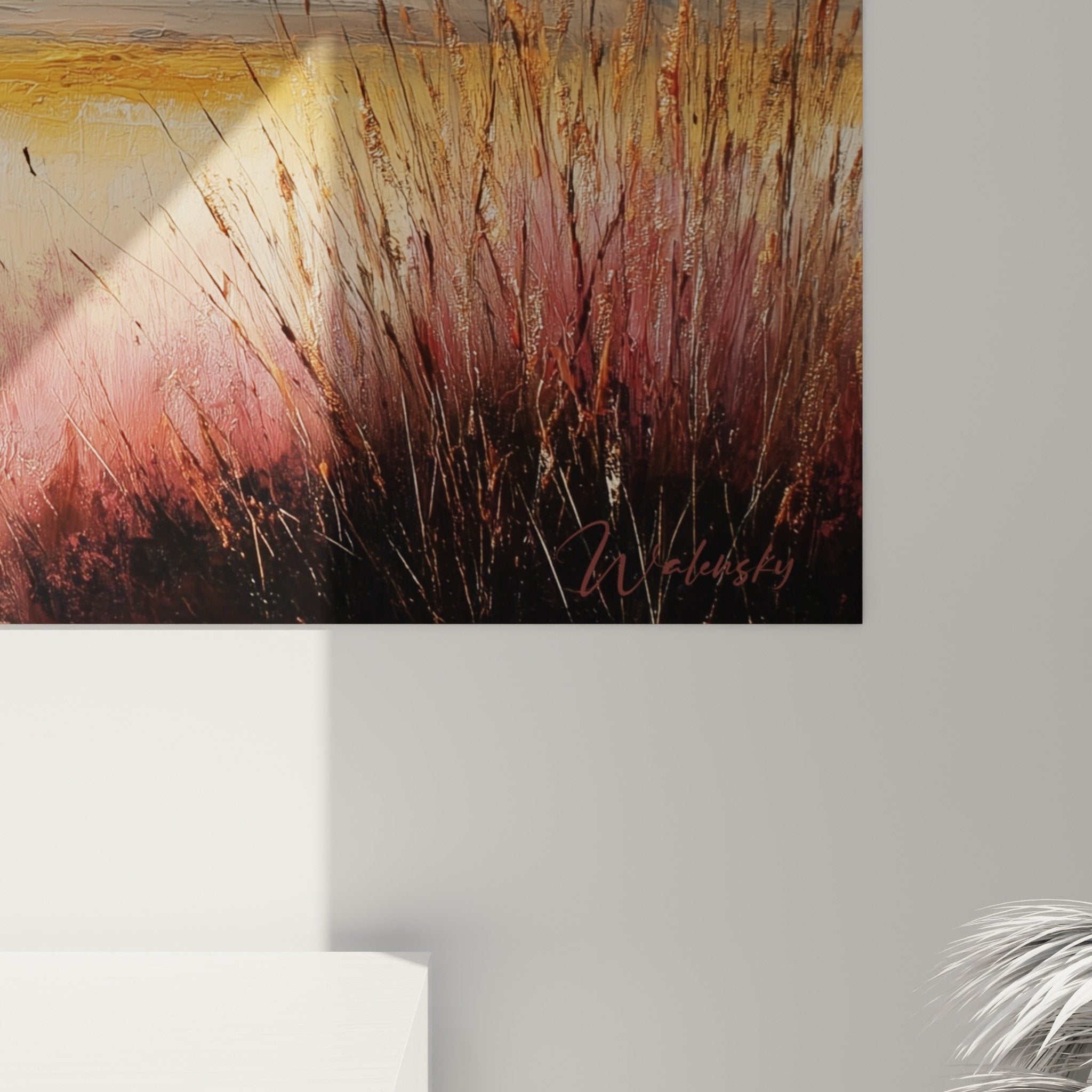 Full view landscape painting lake sunset grasses frame complete composition warm tones nature