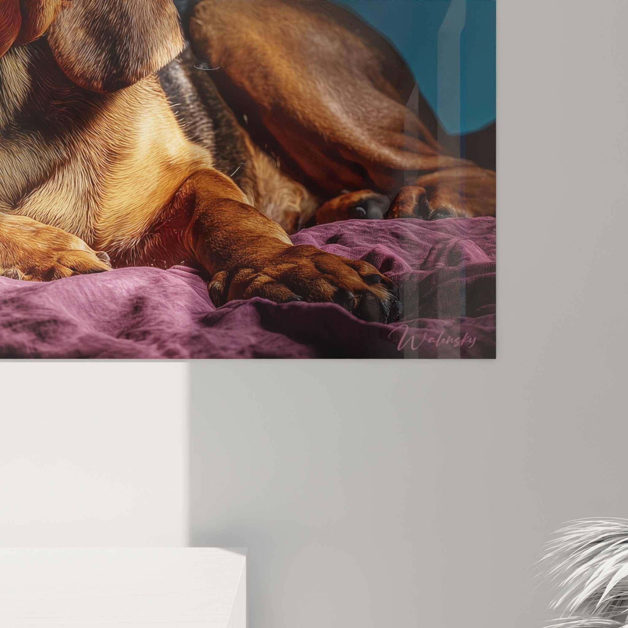 Vue ensemble tableau portrait canin Bloodhound couverture violette éclairage tamisé composition artistique