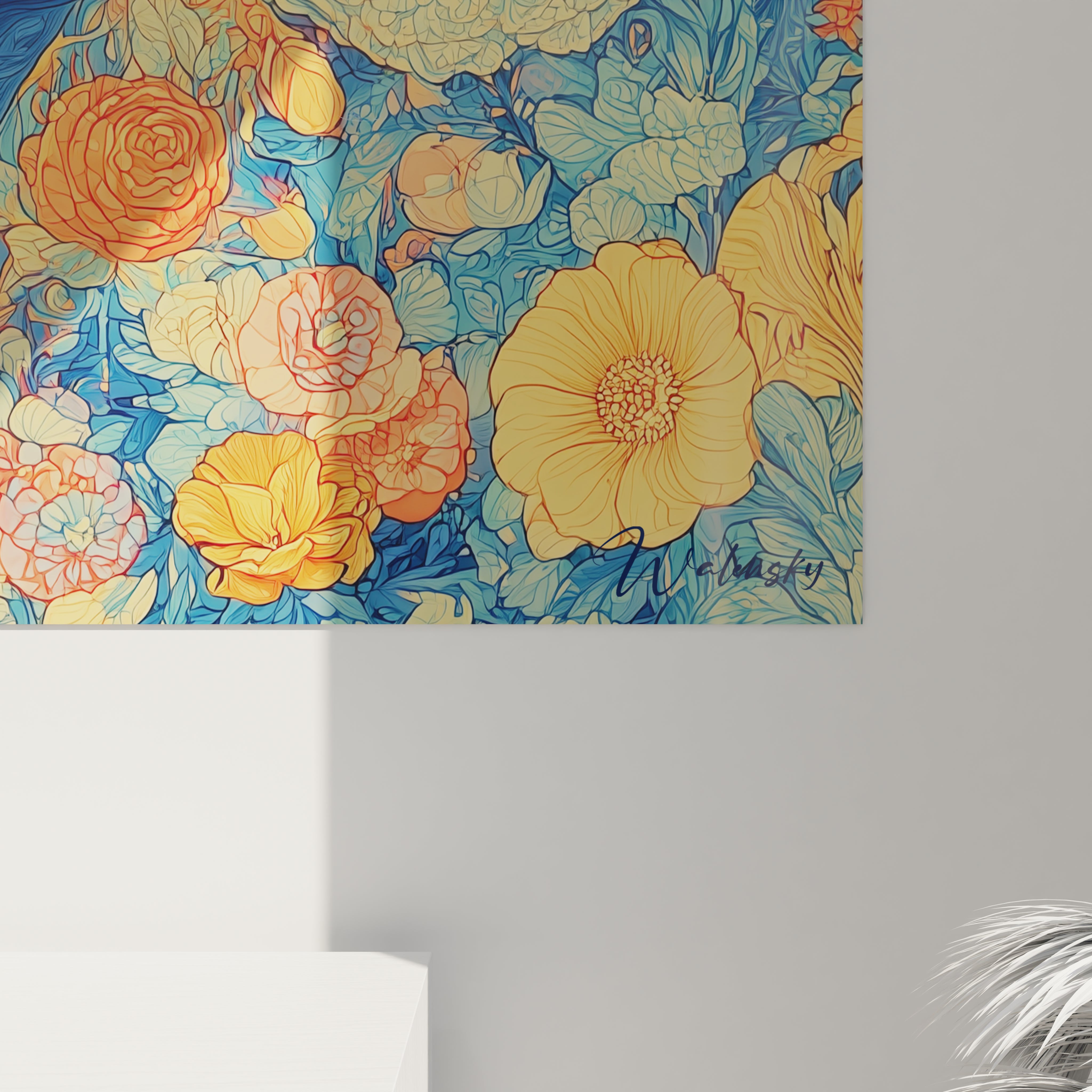 Vue ensemble tableau Glyptodon jardin floral nocturne lune dorée œuvre murale Glyptodon complète