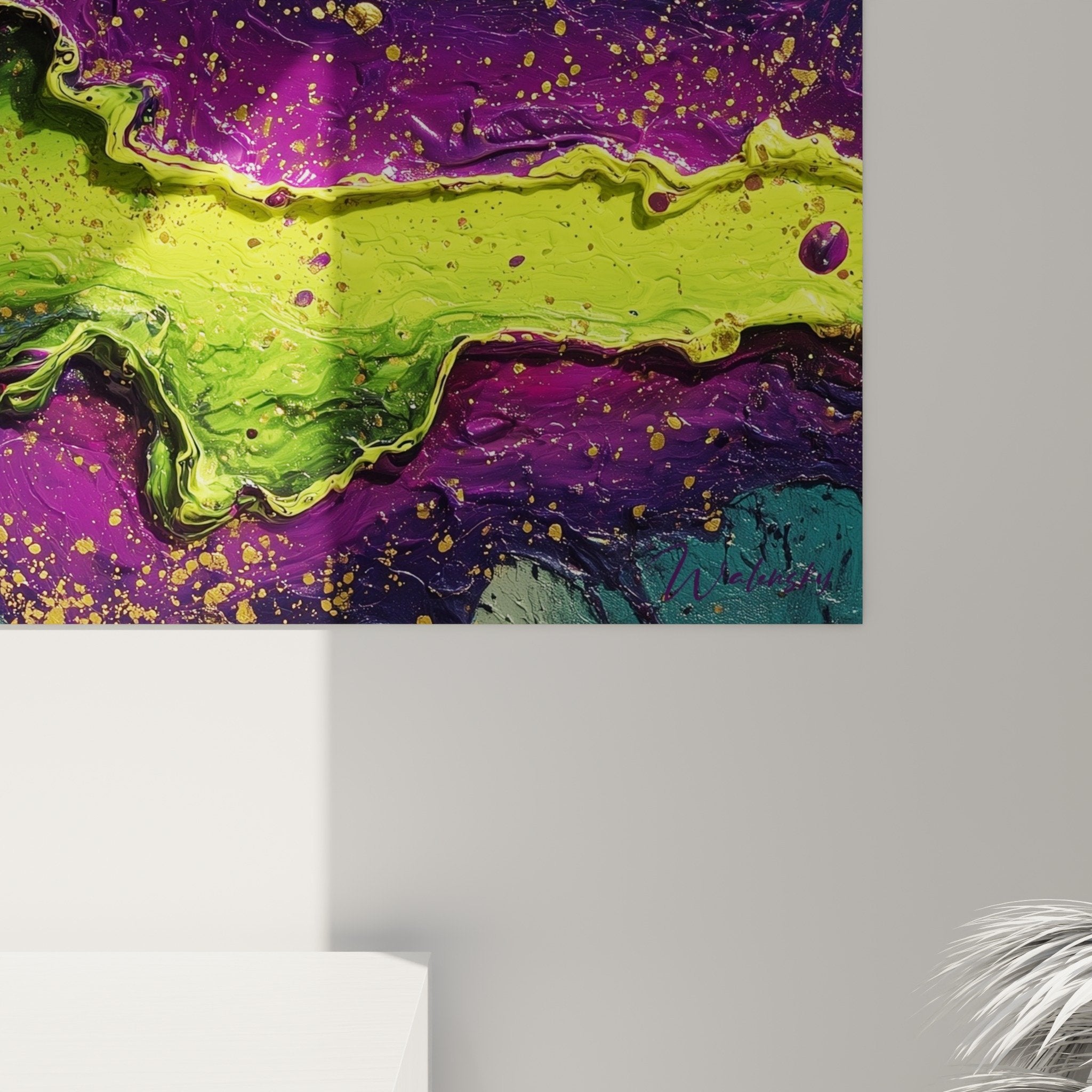 vue densemble tableau abstrait fluide couleurs vives vert violet or feng shui