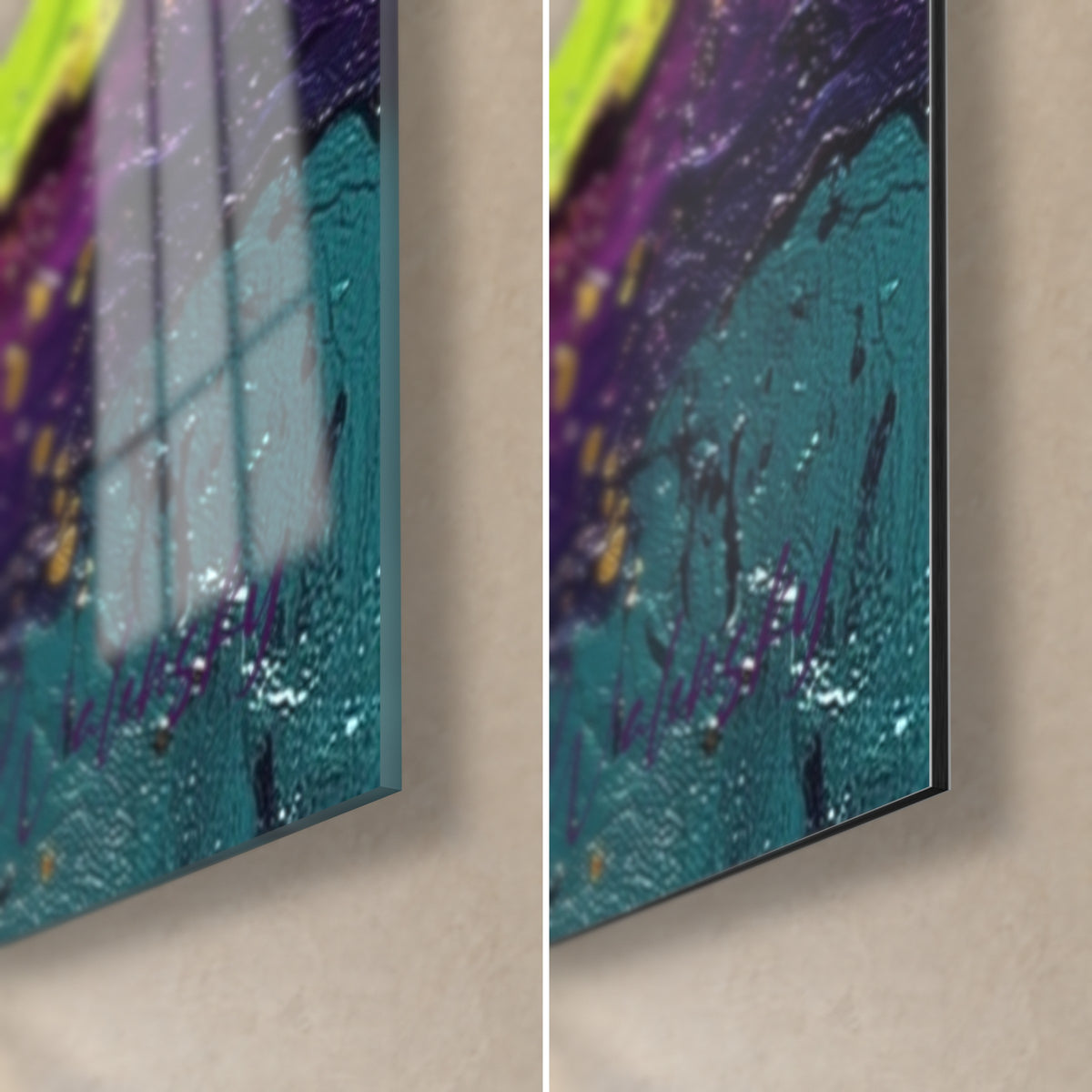 Fluid acrylic wall art, turquoise and purple corner bottom right, glossy glass on the left, matte Dibond on the right, thin edge