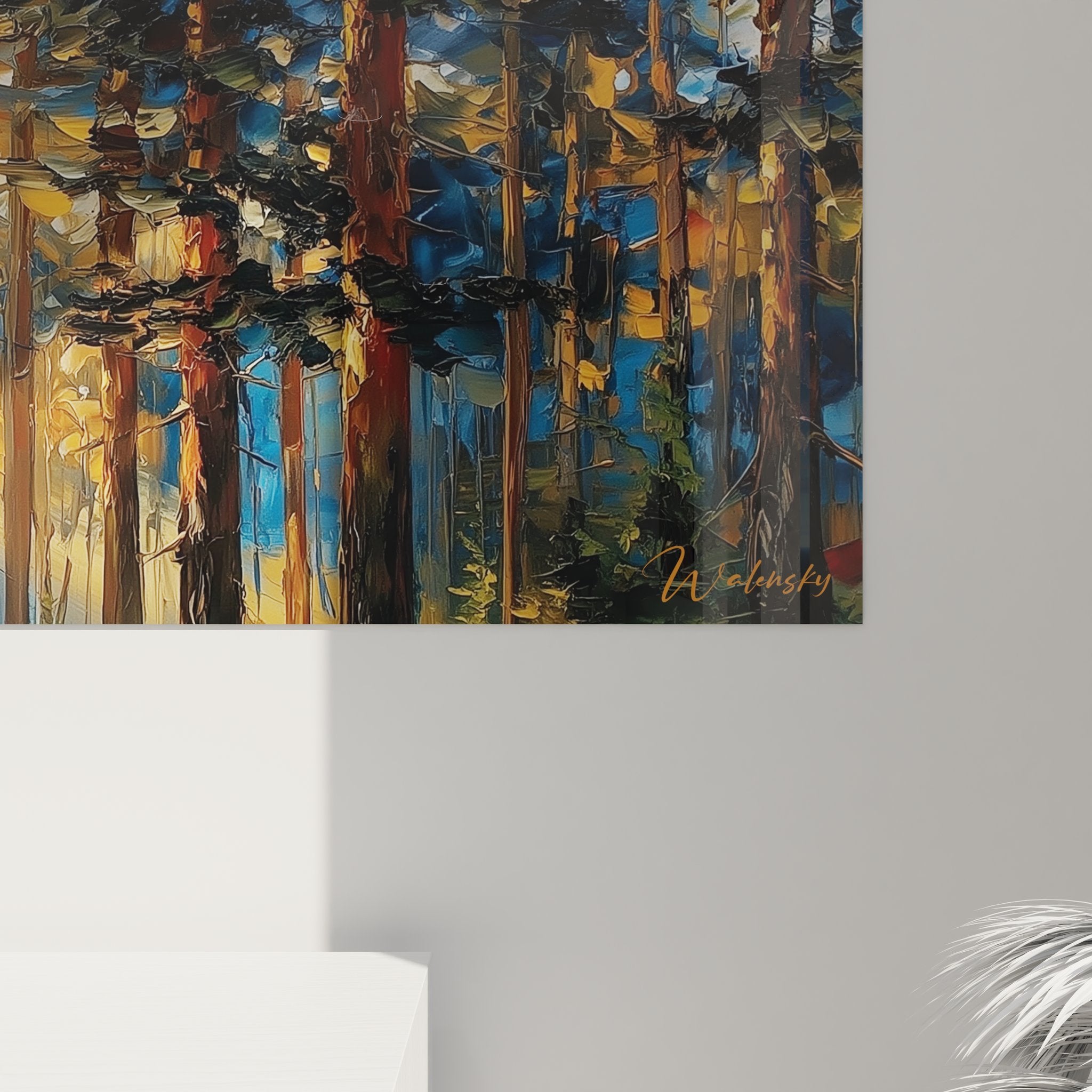 Vue ensemble tableau rayons soleil forêt avec cadre et dimensions complètes