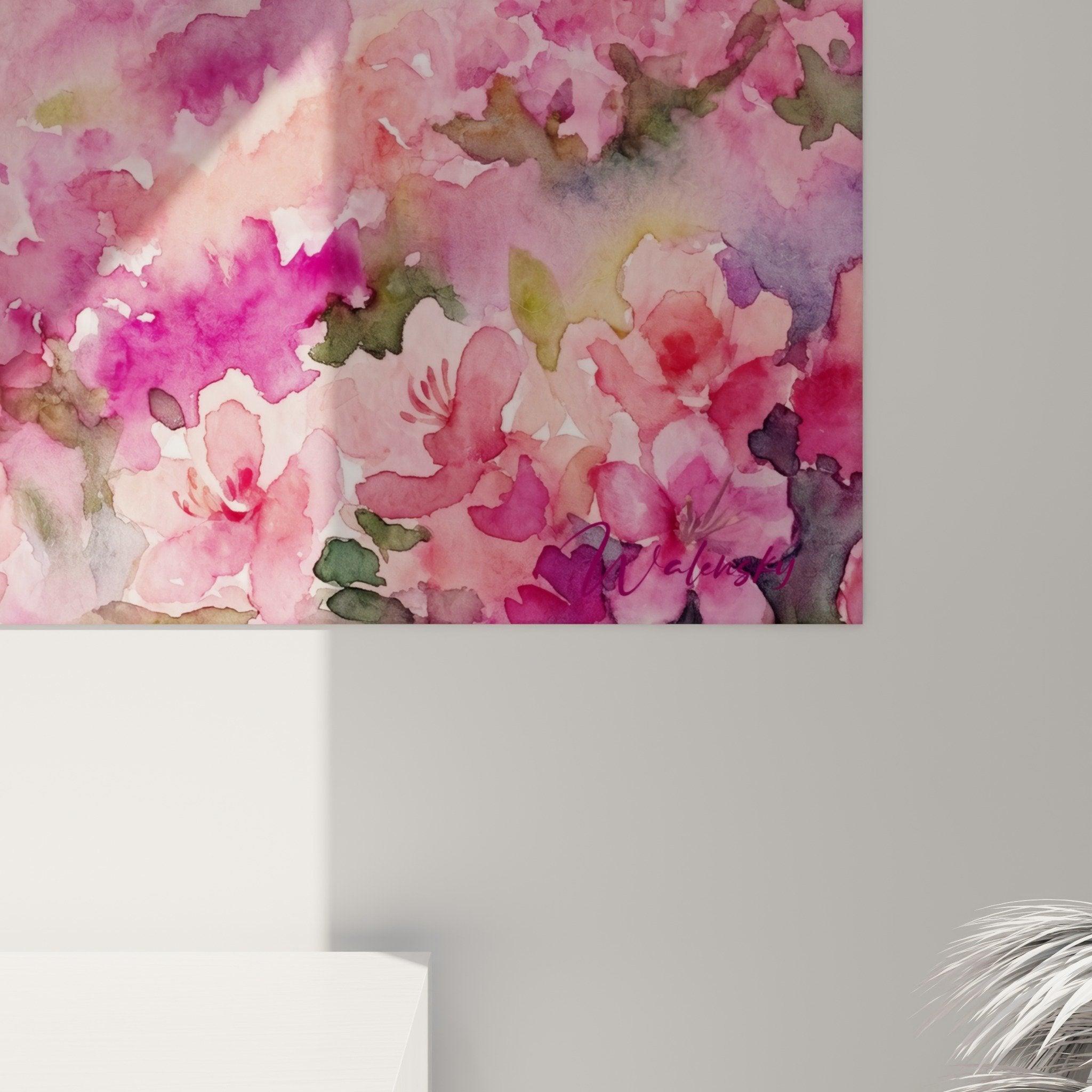 tableau parapente rose champ fleuri perspective complete art mural decoration interieur moderne