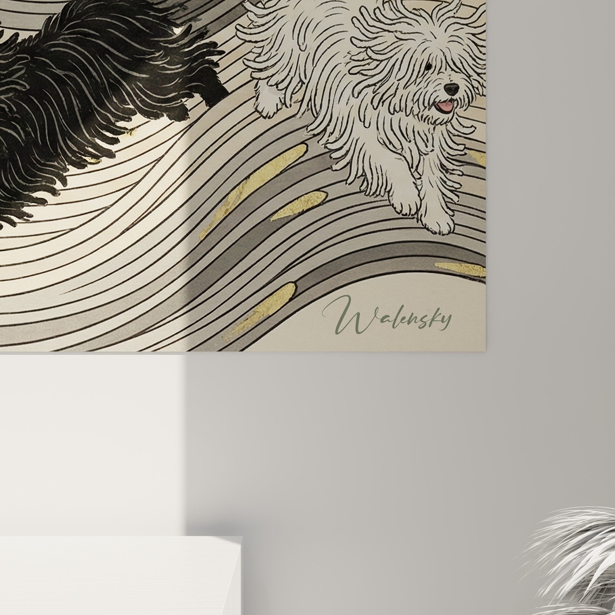 Vue ensemble tableau Puli vagues stylisées tons beiges crème montrant composition complète