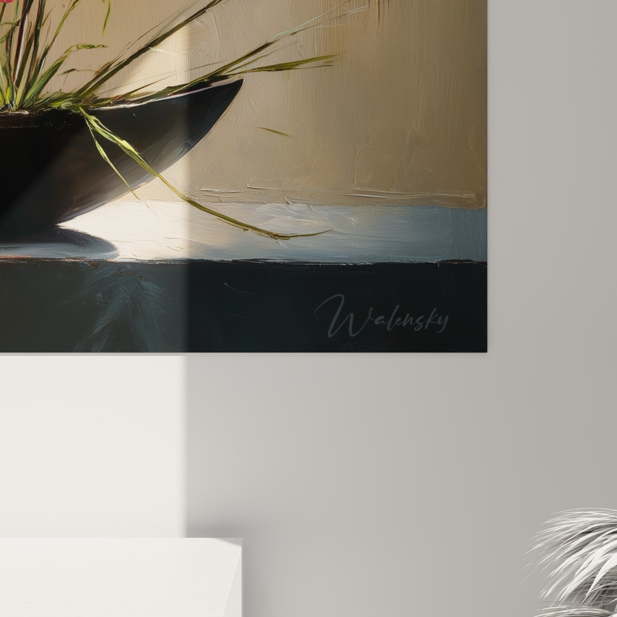 Overhead view of red orchid floral composition in black bowl with golden highlights contemplative ambiance