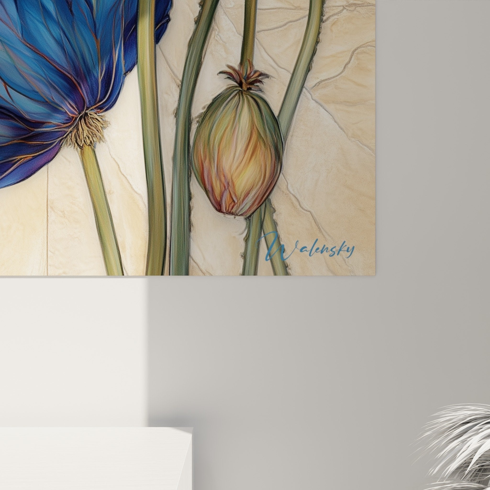 Vue ensemble tableau coquelicots dualité orange bleu tiges vertes fond beige vintage
