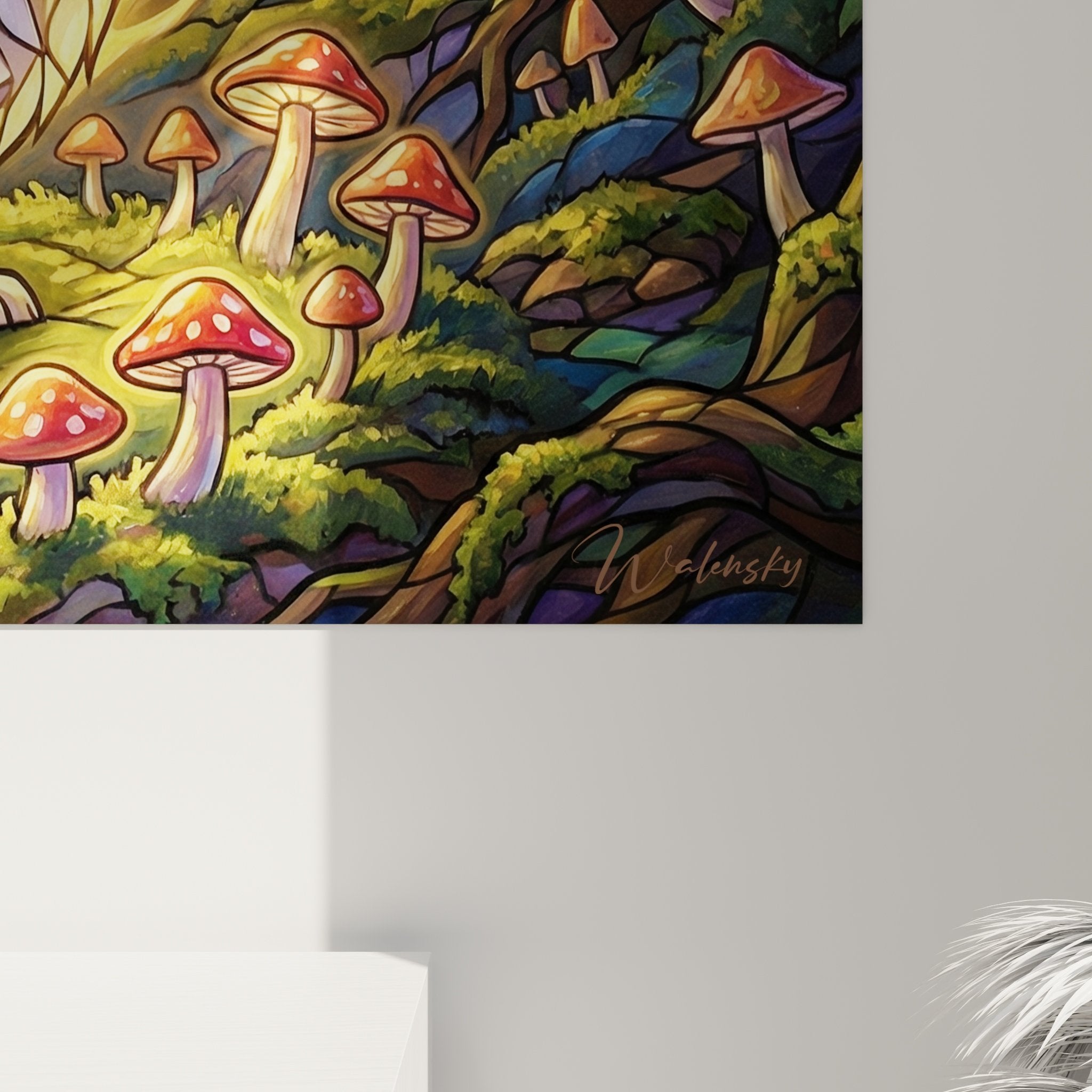 Gesamtansicht Corgi-Kunstwerk mystischer Wald magische Pilze rote Fliegenpilze künstlerische Innendekoration