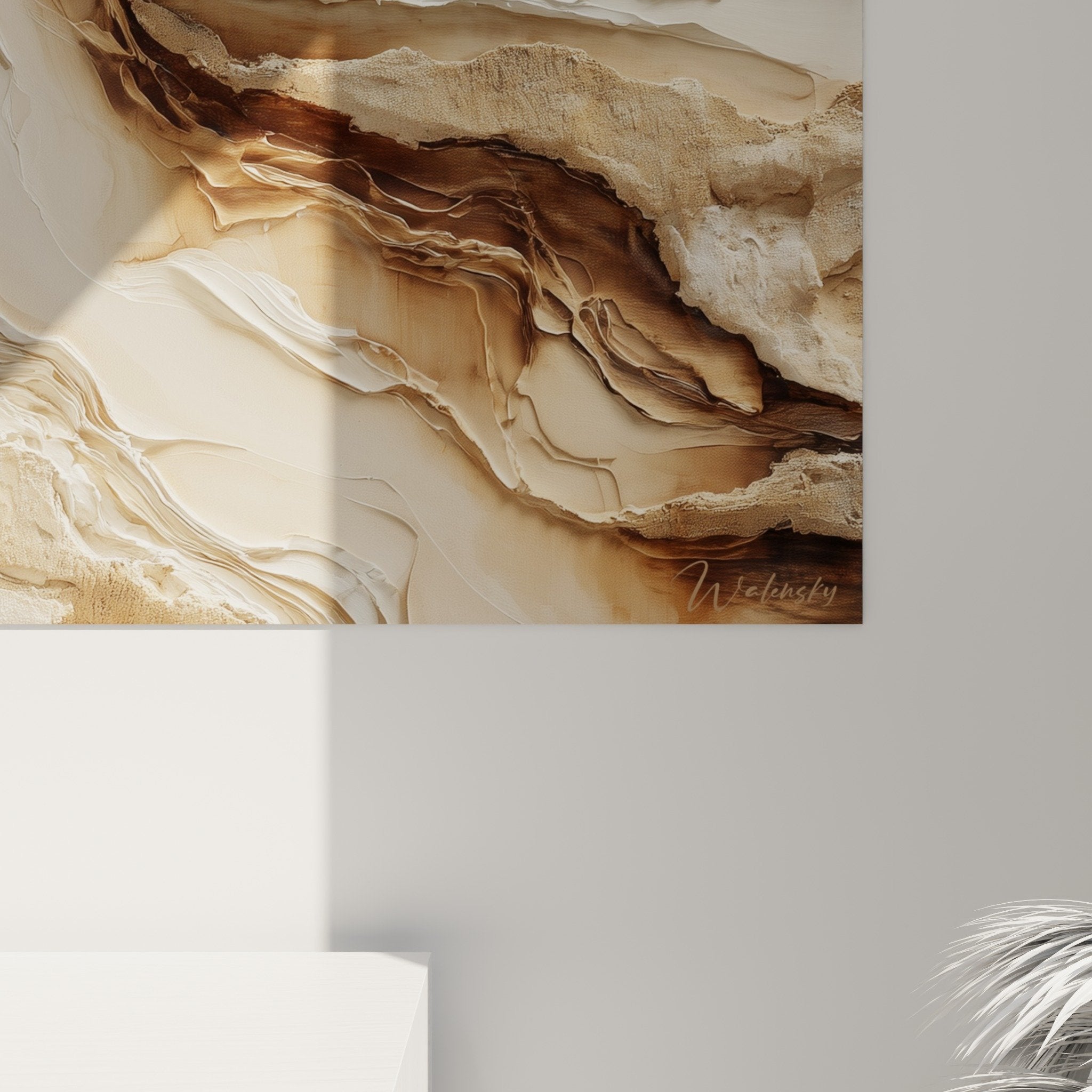 Vue ensemble tableau abstrait ondulations beiges salon moderne decoration feng shui centre terre