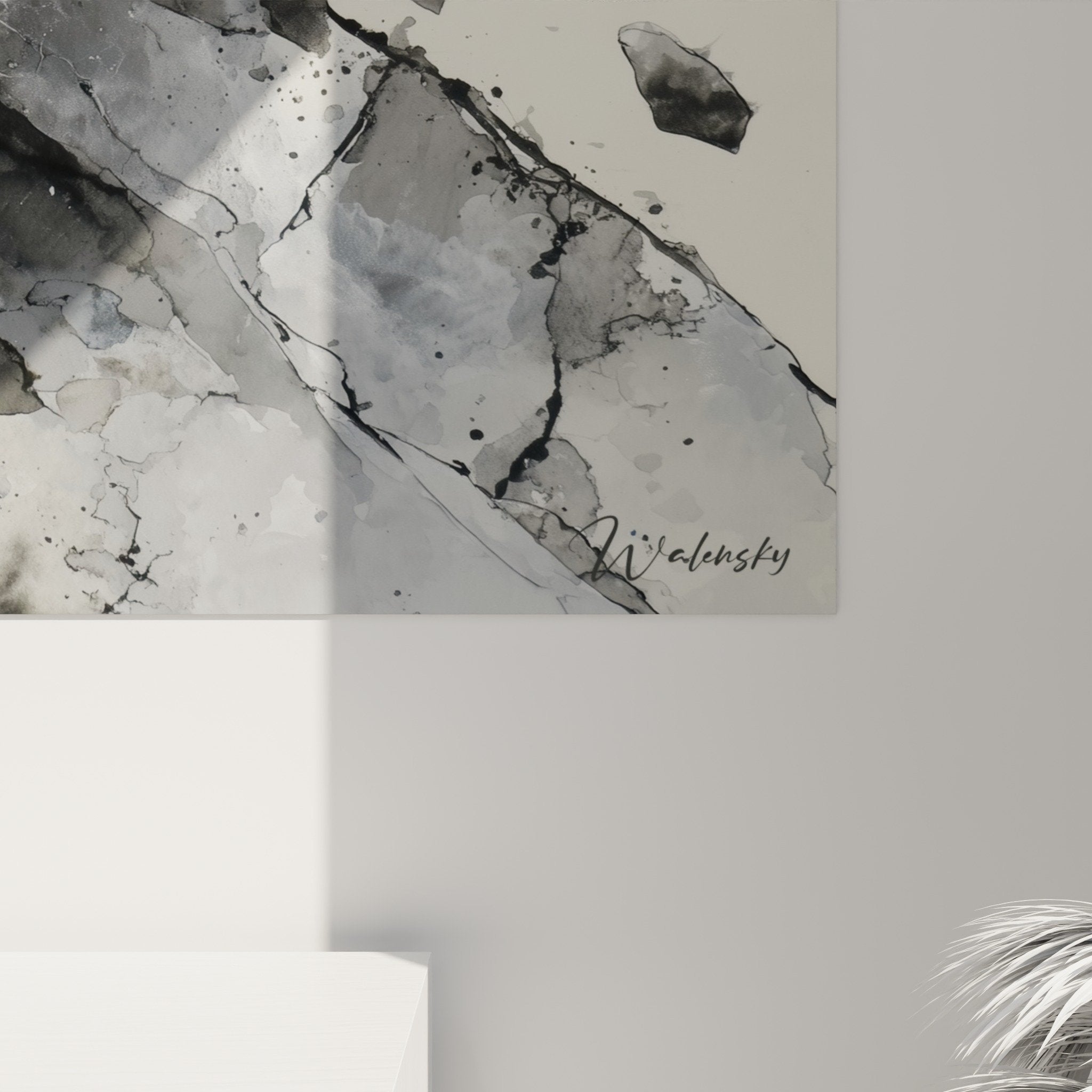 Overview abstract smoke grey artwork on white interior wall contemporary feng shui west metal