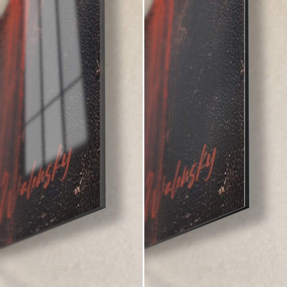 Gemälde mit rotem und schwarzem Vulkanausbruch, untere rechte Ecke: glänzendes Acrylglas links, matte Dibond-Aluminium rechts, 3 mm Kante