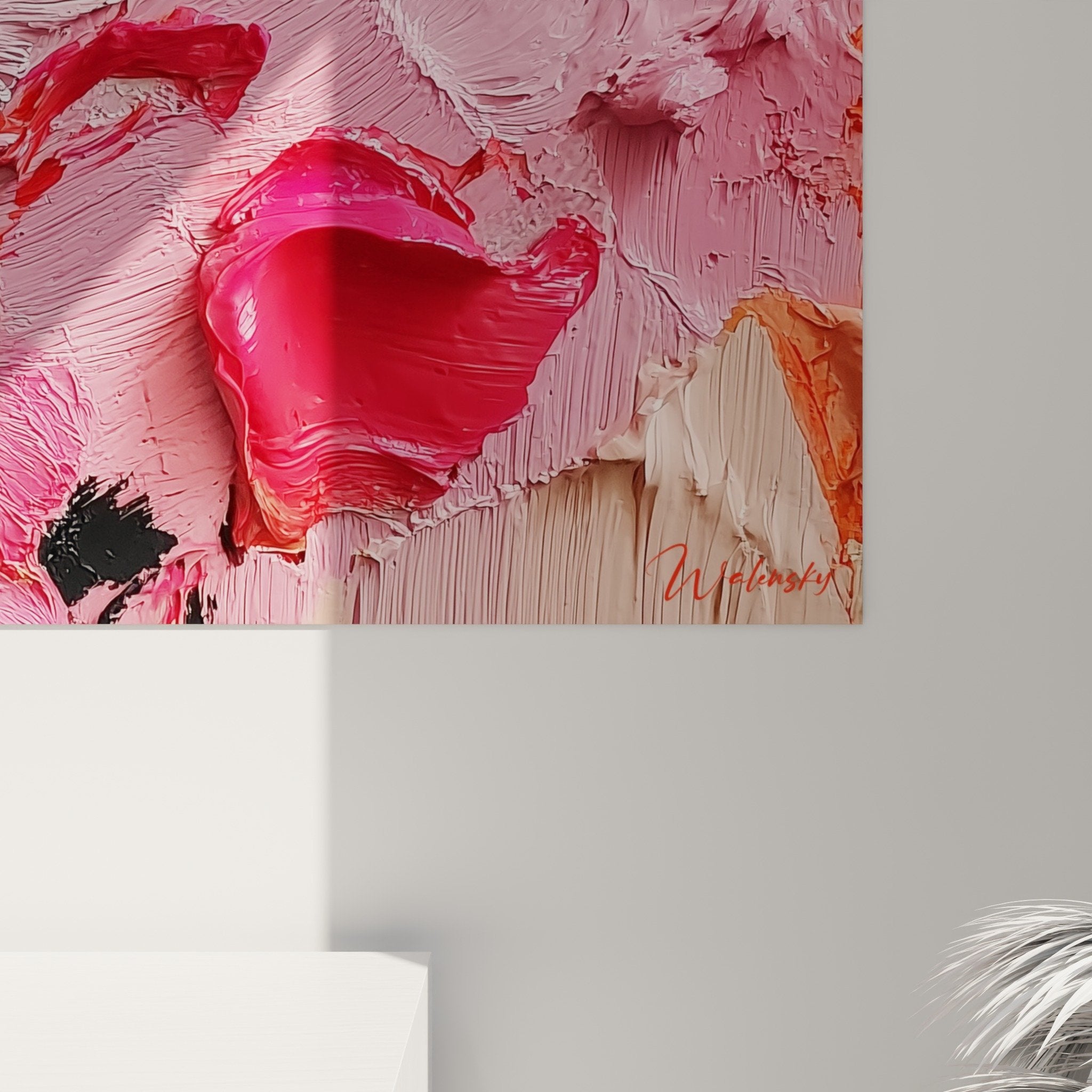 Vue ensemble peinture abstraite tons chauds roses jaunes oranges decoration interieur feng shui sud-ouest