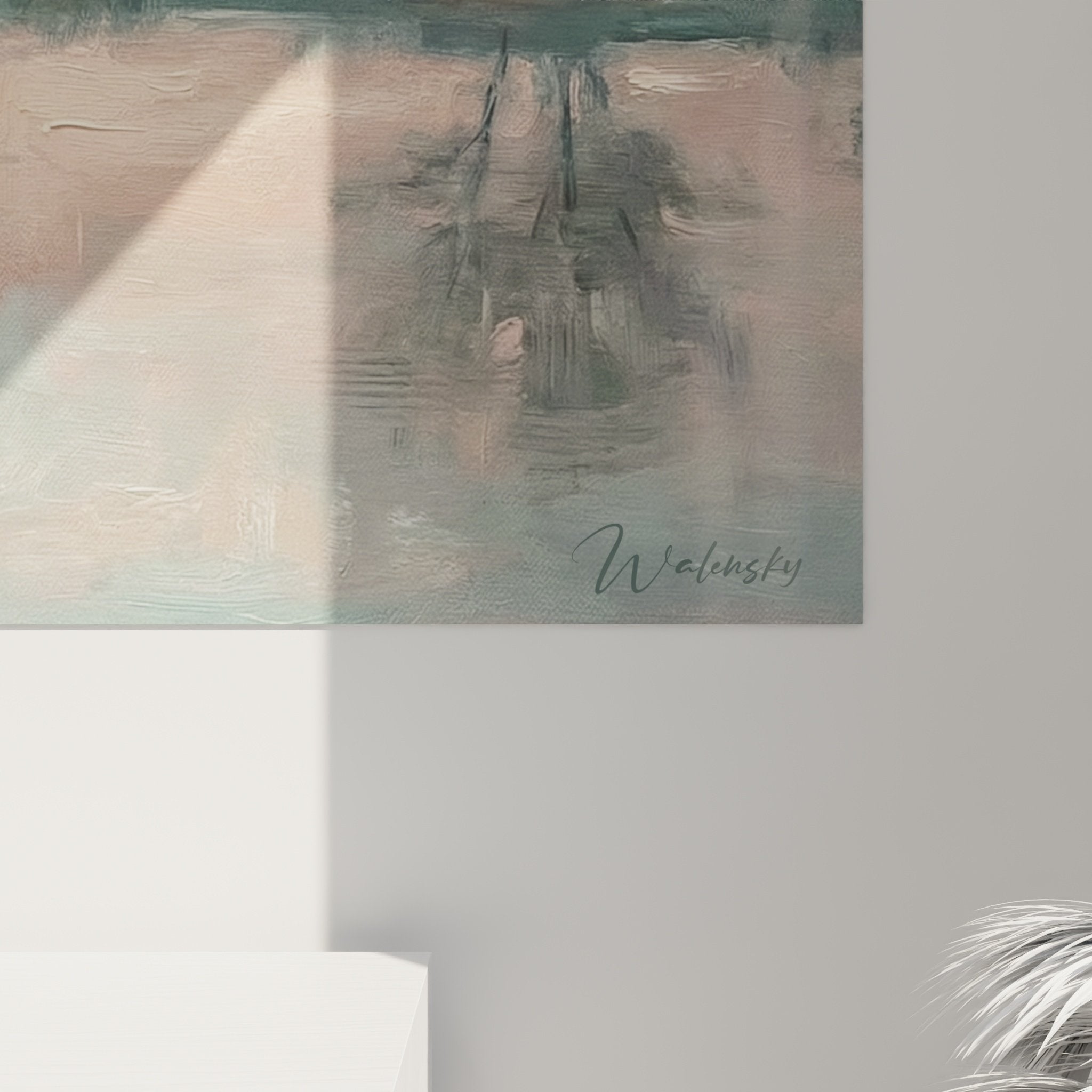 Overview of Akita Inu artwork by the water, zen composition with reflected trees, soothing pastel palette
