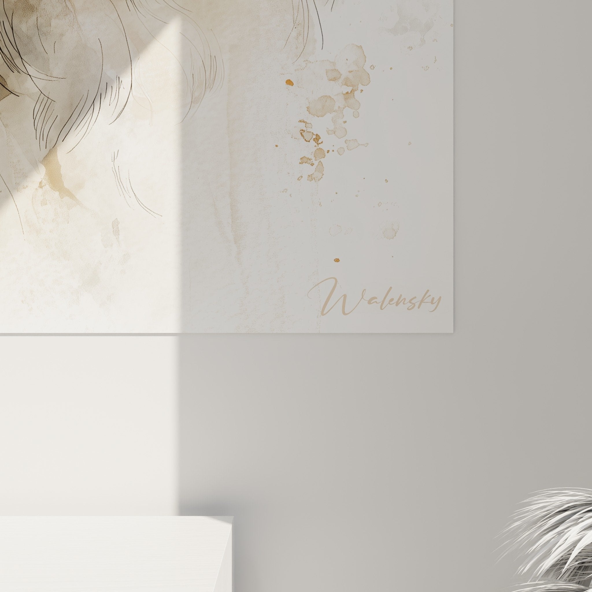 Vue d'ensemble portrait artistique Bichon Havanais, éclaboussures aquarelle, palette couleurs neutres et poudrées