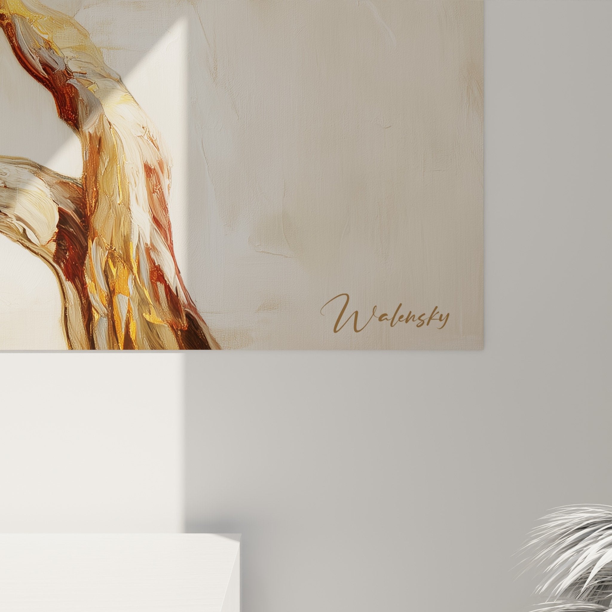 Vue d'ensemble tableau arbre de vie doré dans salon, intégration harmonieuse décoration contemporaine