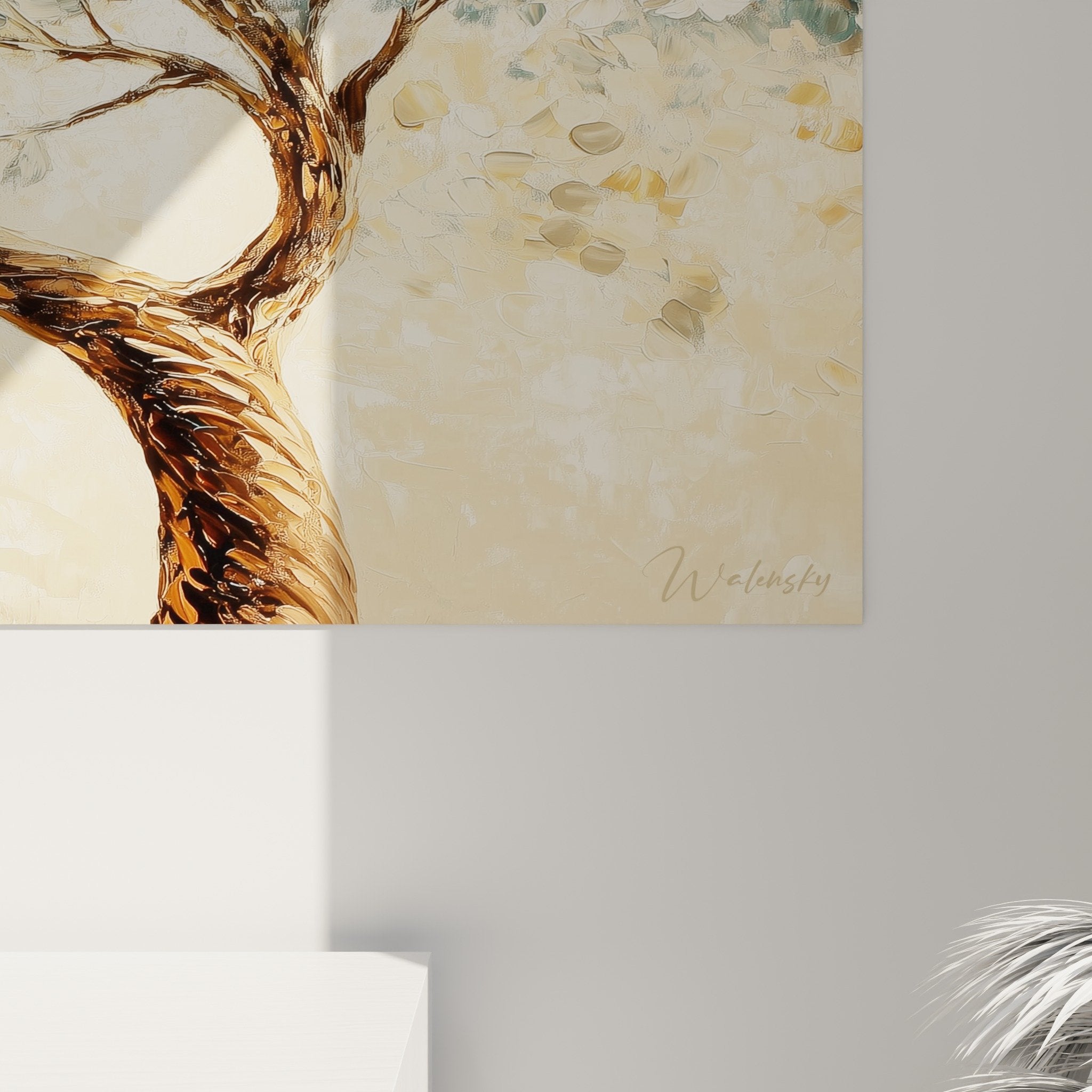 Overview tree of life wall art panoramic format, turquoise foliage dancing in the wind