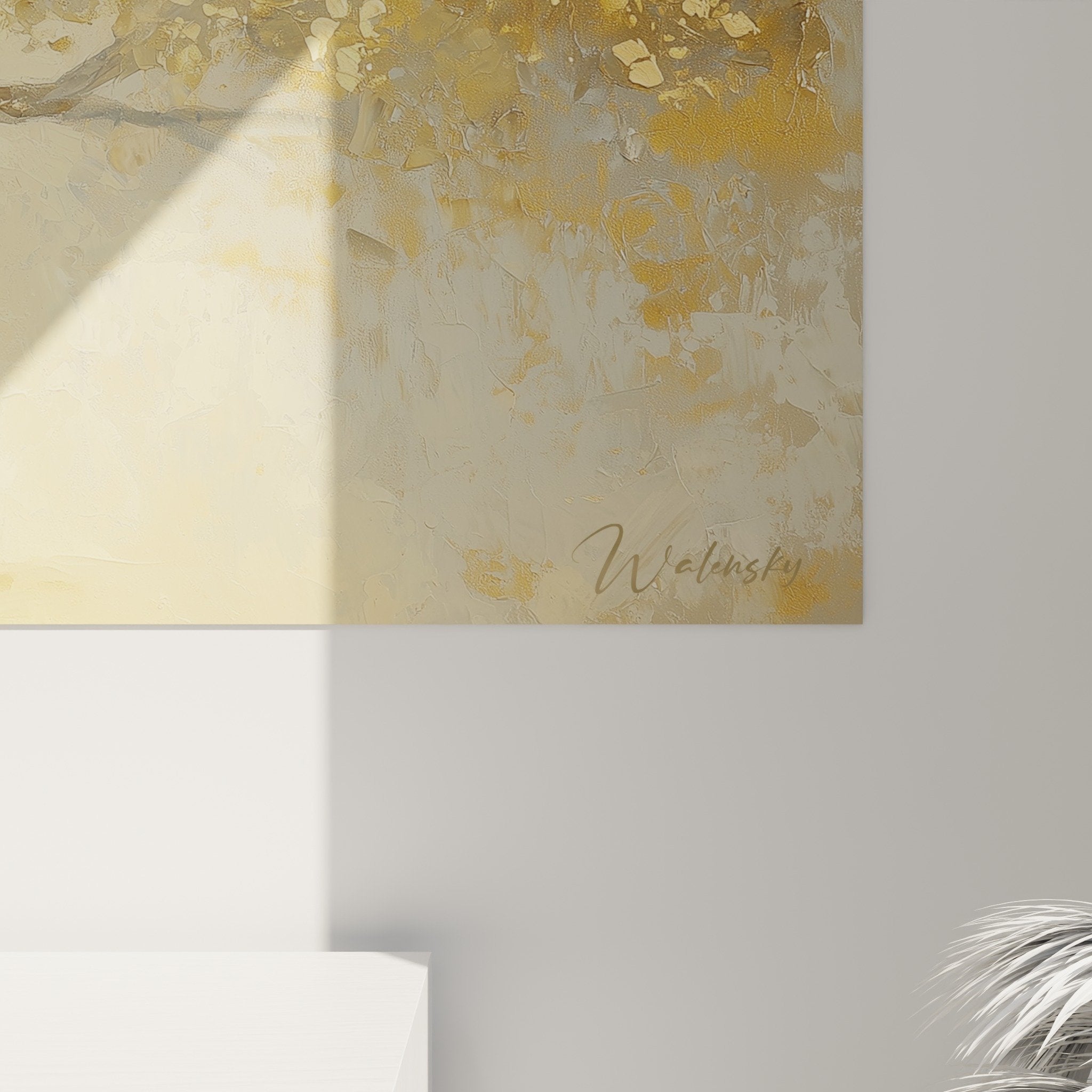 Overall view of golden tree of life canvas in modern living room, harmonious wall art decoration integration