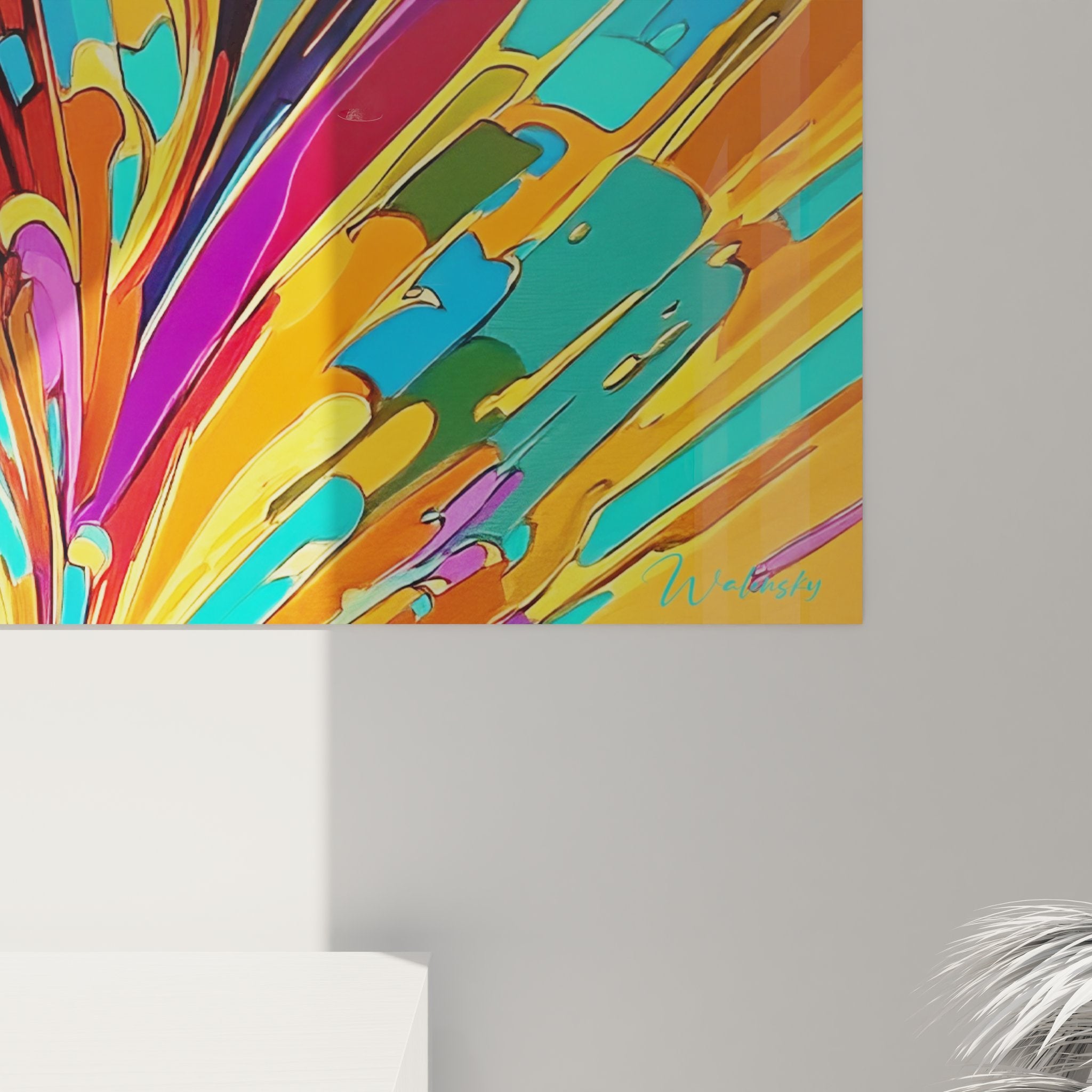 Vue ensemble tableau art abstrait explosion rayonnante couleurs vives décoration murale