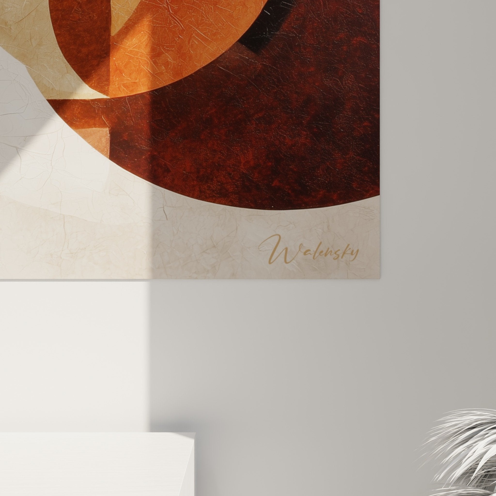 Vue d'ensemble tableau geometrique abstrait palette chaude orange beige bordeaux feng shui
