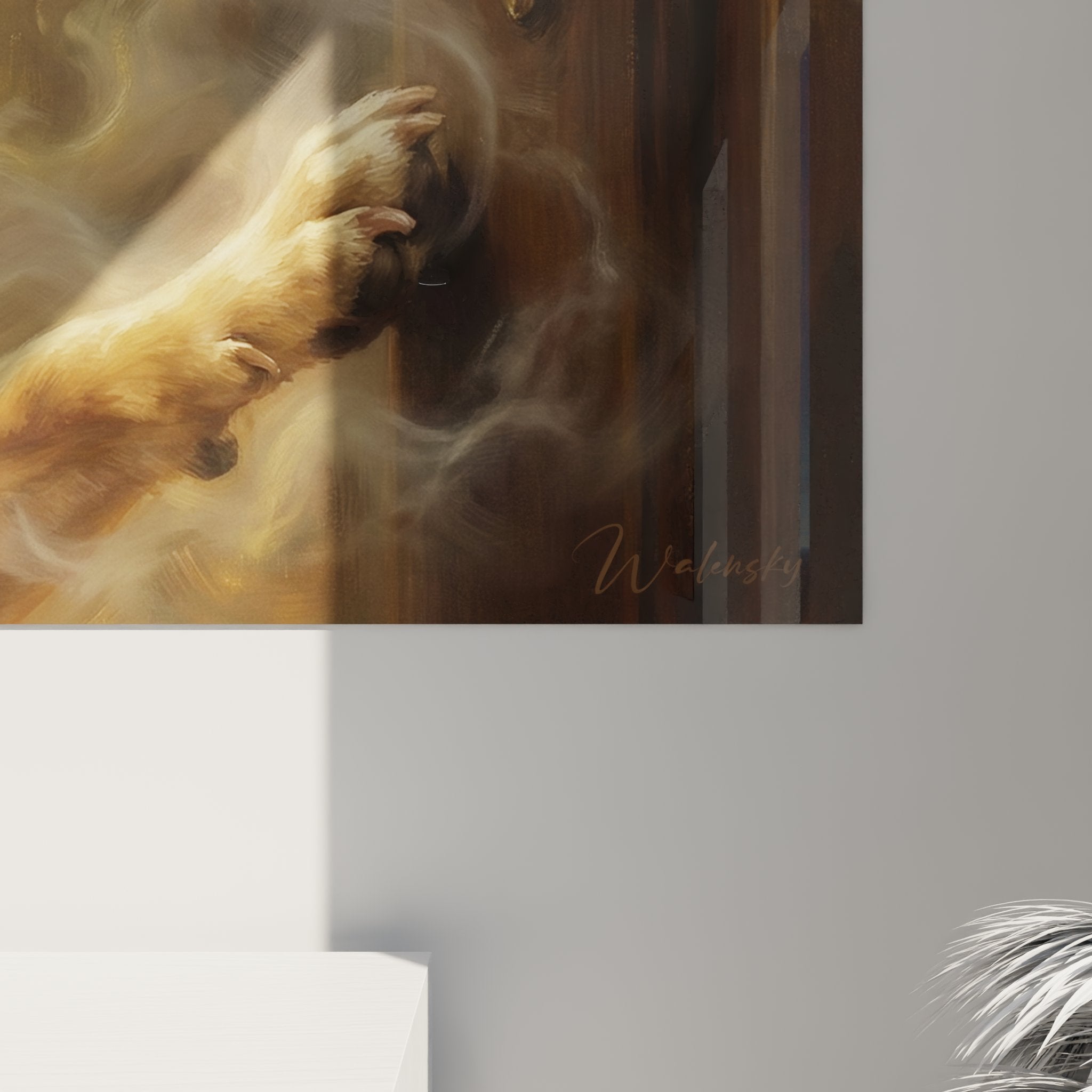 Übersicht Kunsttafel Tierkunst Französische Bulldogge mysteriöse Szene goldene Holztür Wanddekoration