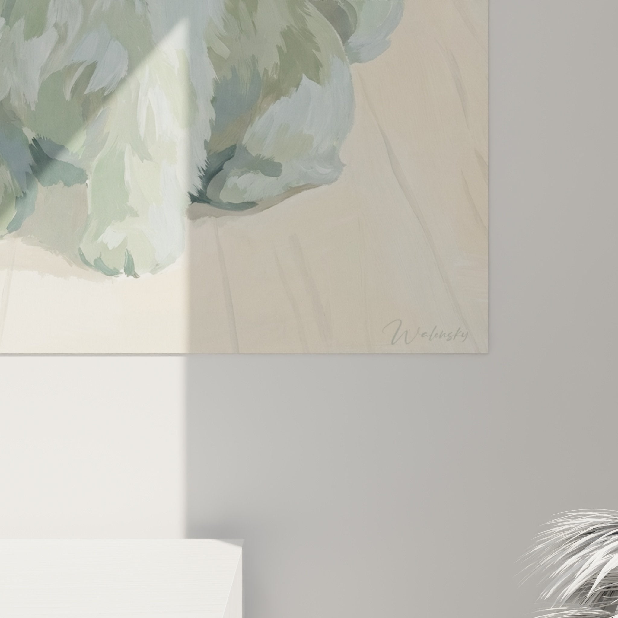 Vista completa quadro arte canina Shih Tzu decorazione murale toni neutri eleganti