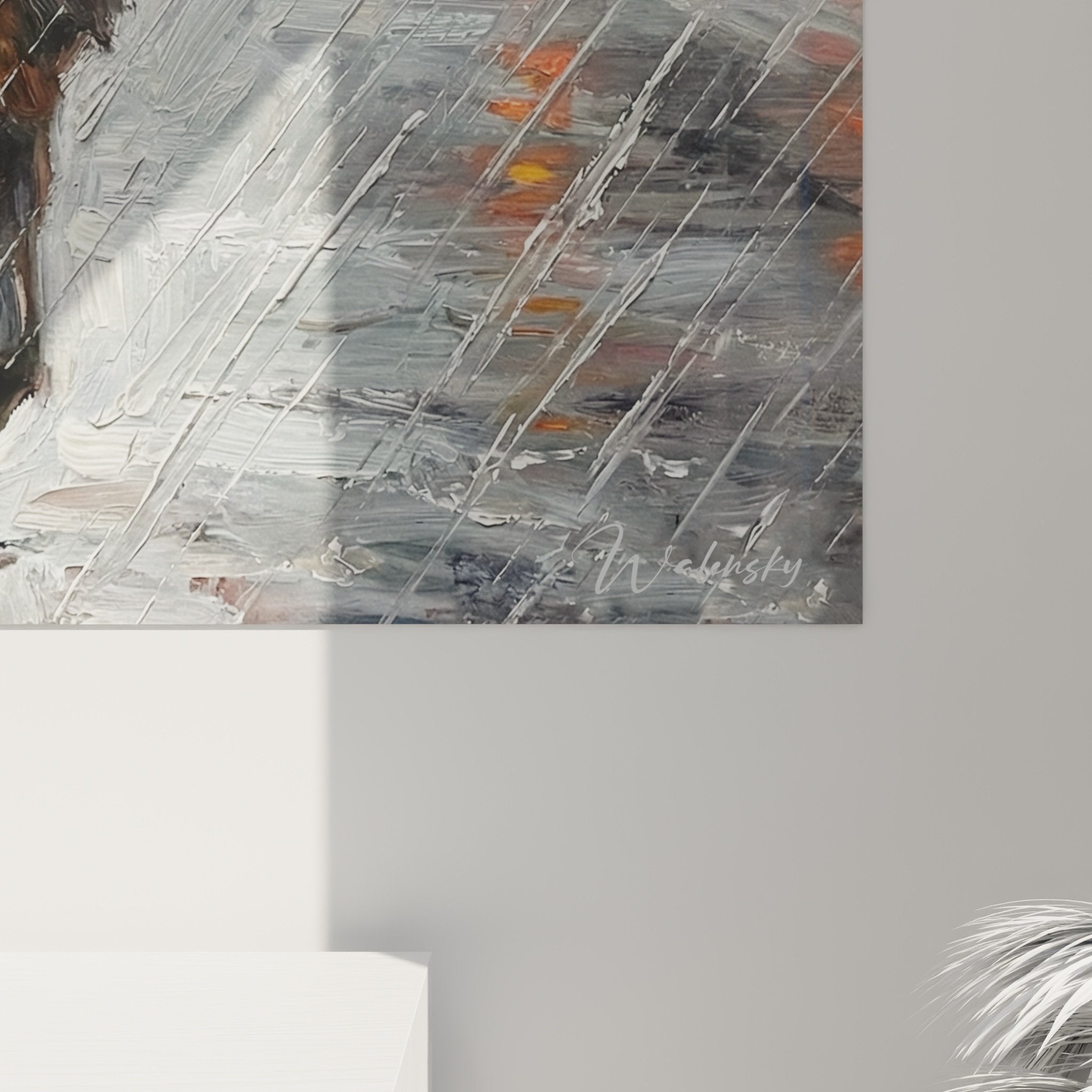 Vue d'ensemble tableau art canin Terre Neuve sous averse urbaine avec circulation floue et reflets lumineux dorés