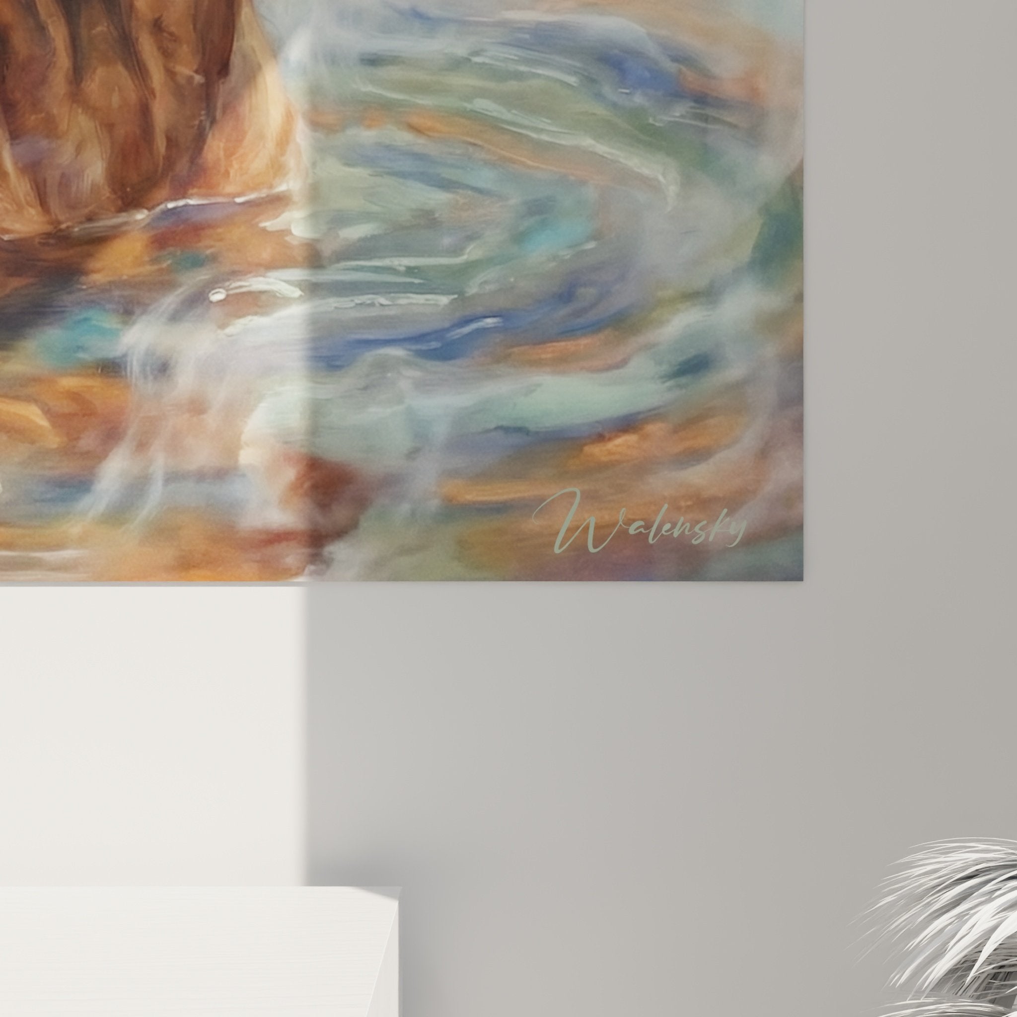 Vue d'ensemble tableau art canin Vizsla aquatique, composition harmonieuse tons chauds et frais, déco intérieur