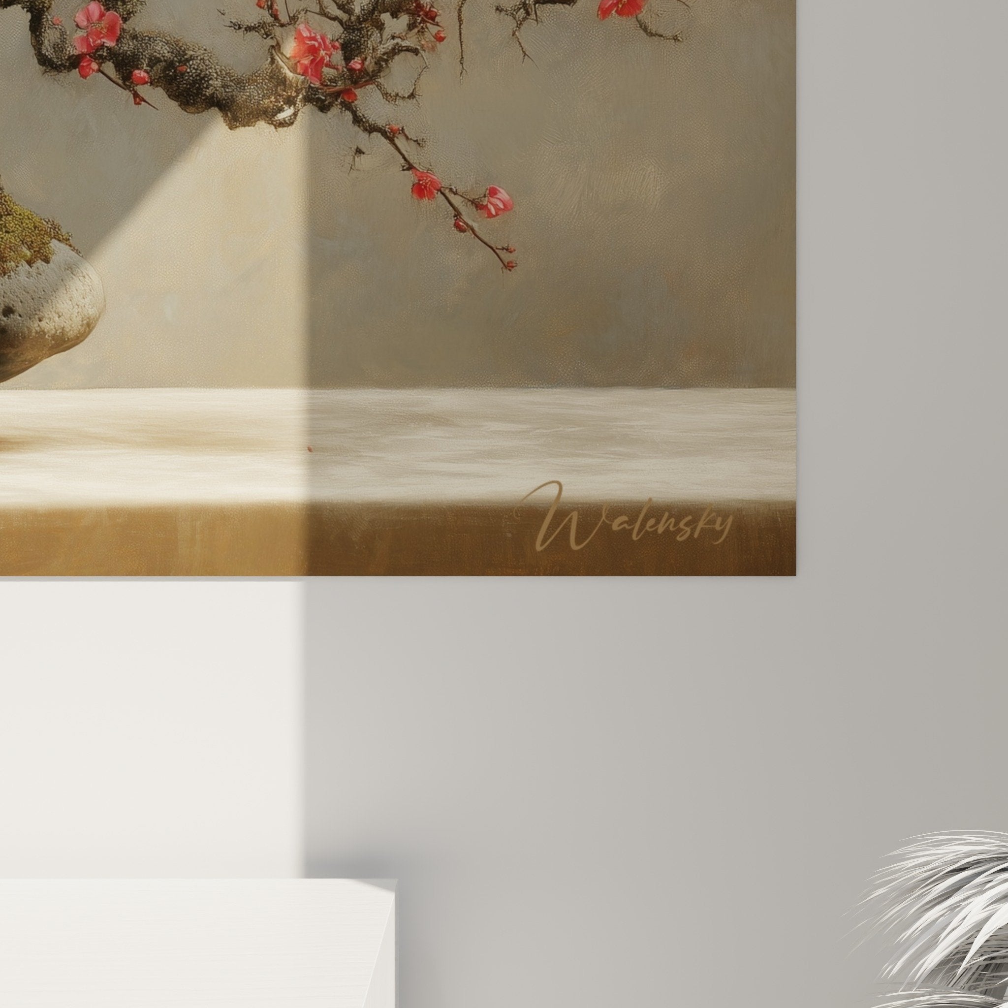 Vue ensemble tableau art floral japonais ikebana arrangement fleurs roses pot pierre