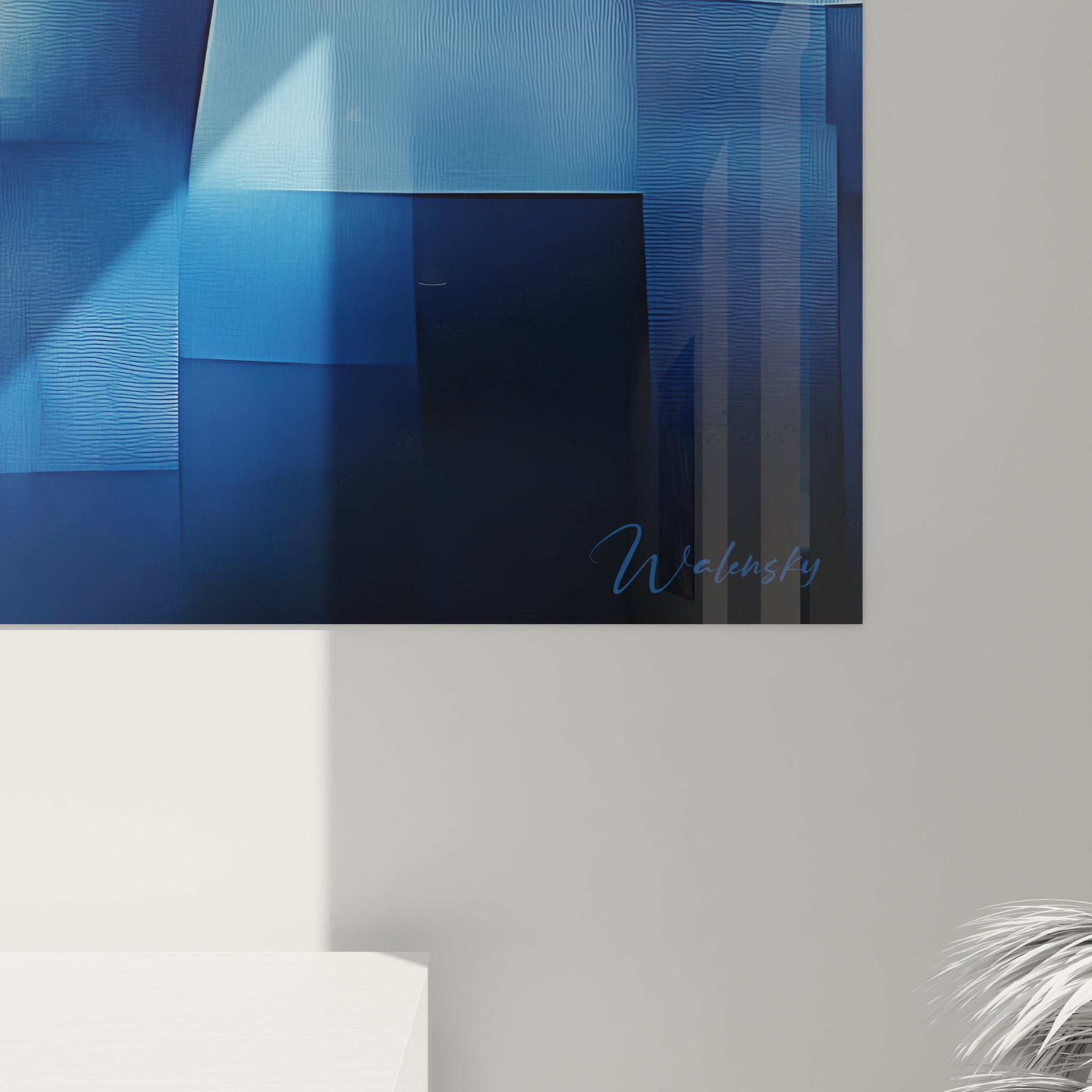 Vue ensemble tableau mural géométrique abstrait composition cubique bleue art contemporain