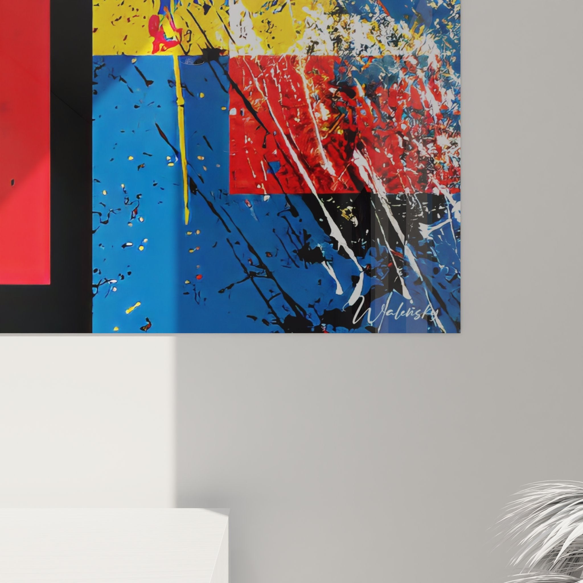 Vue ensemble œuvre art géométrique abstrait combinant minimalisme et expressionnisme coloré