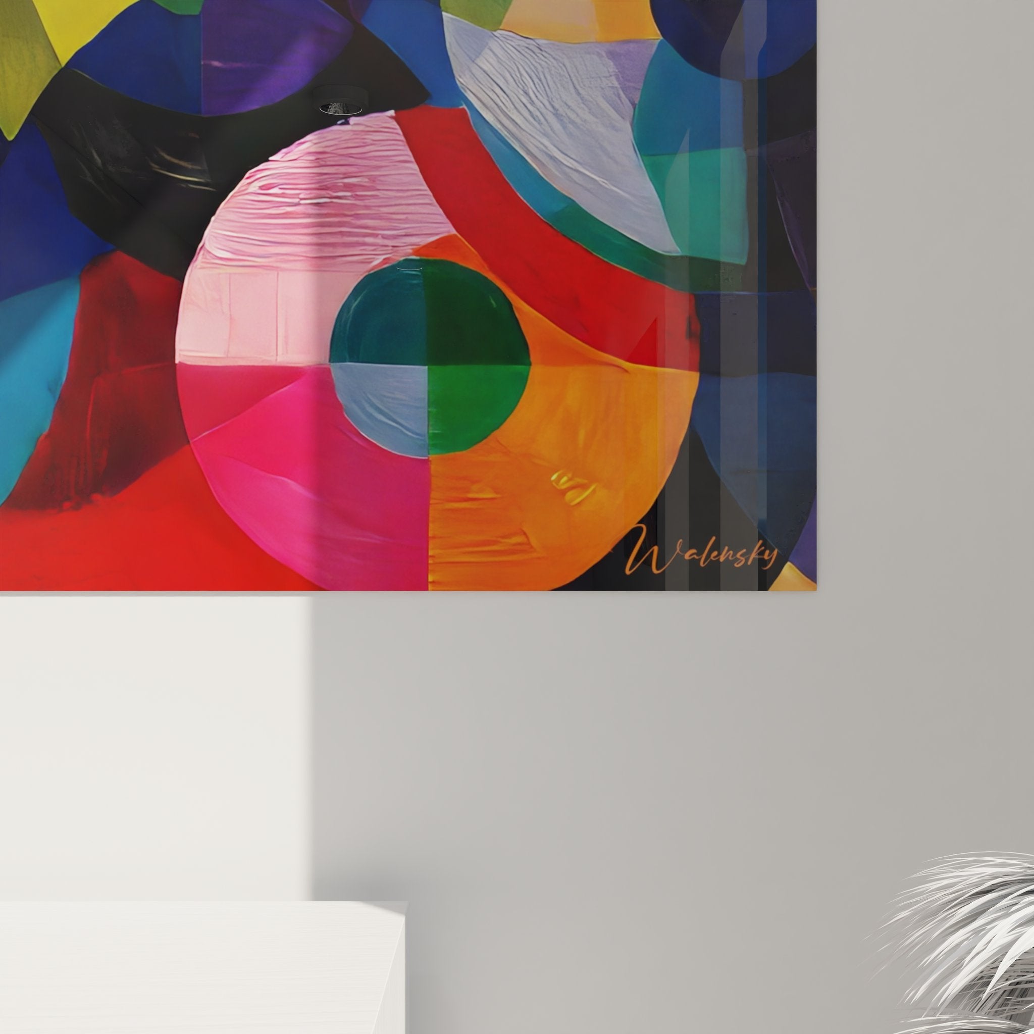 Vue ensemble tableau art géométrique cercles multicolores composition abstraite murale décorative