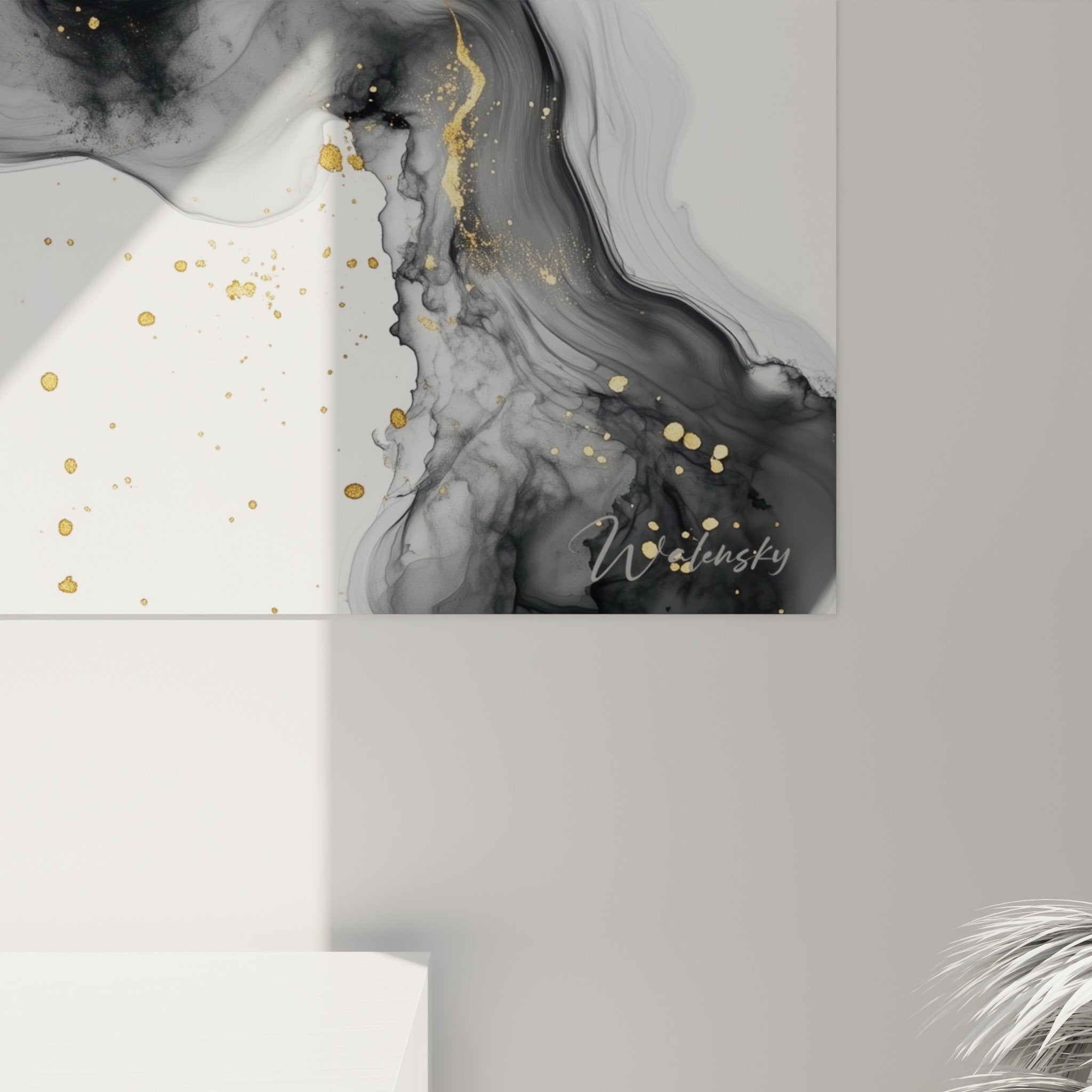 Vue d'ensemble tableau marbre abstrait, composition harmonieuse gris et or, art contemporain mural raffiné