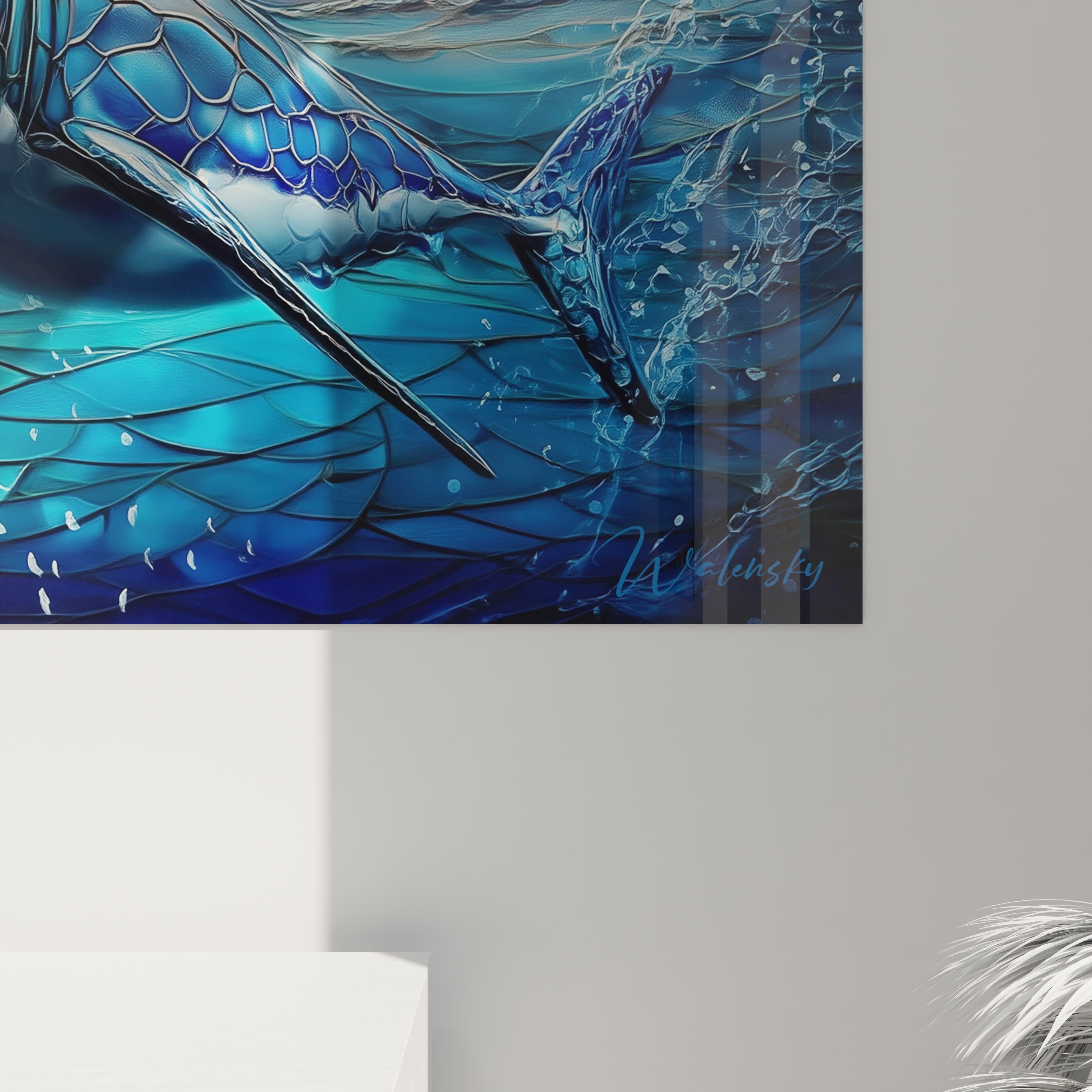 Vue ensemble tableau décoratif mégalodon art vitrail marin avec effets lumière sous-marine