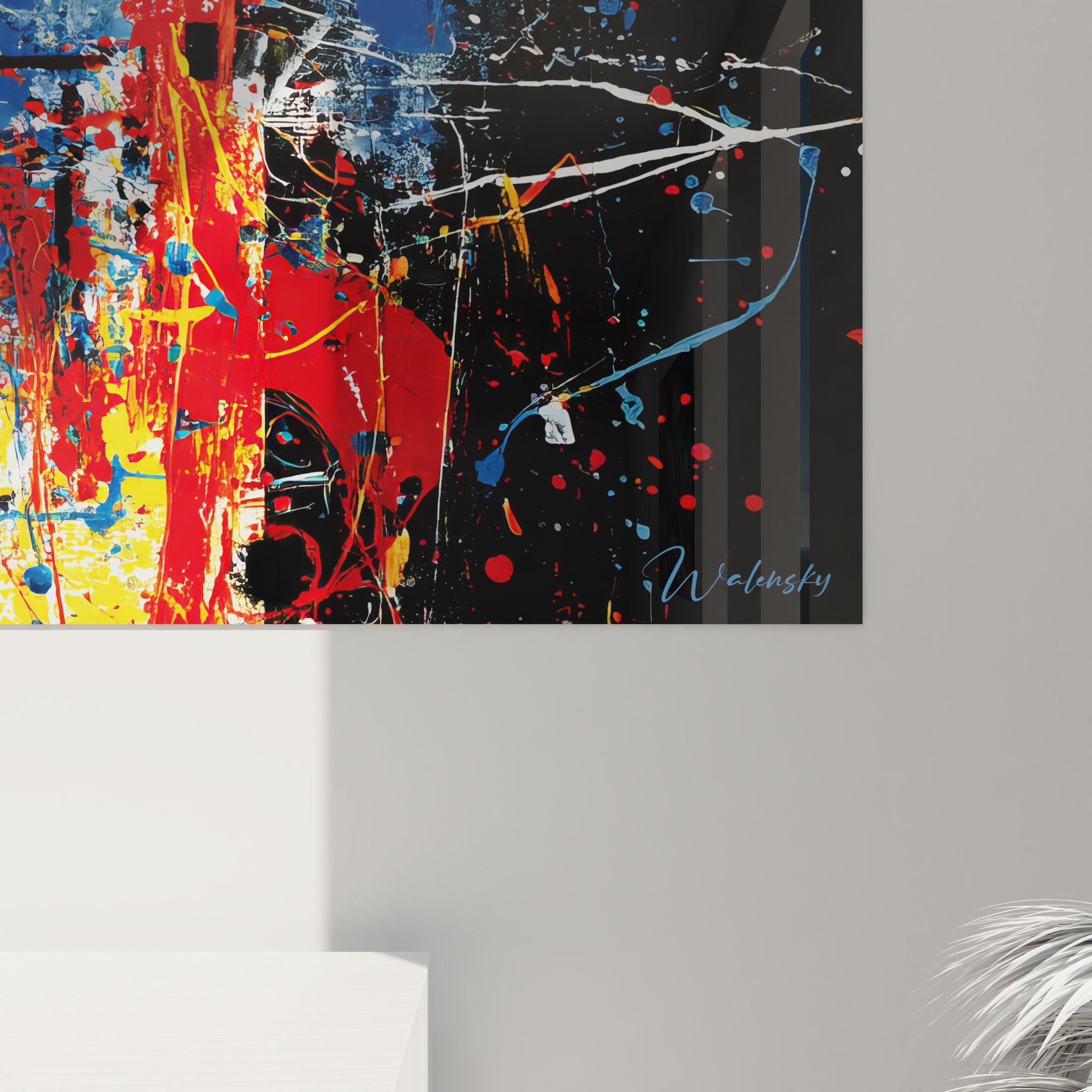 Vue ensemble œuvre art mural abstrait géométrique avec formes colorées et composition tripartite