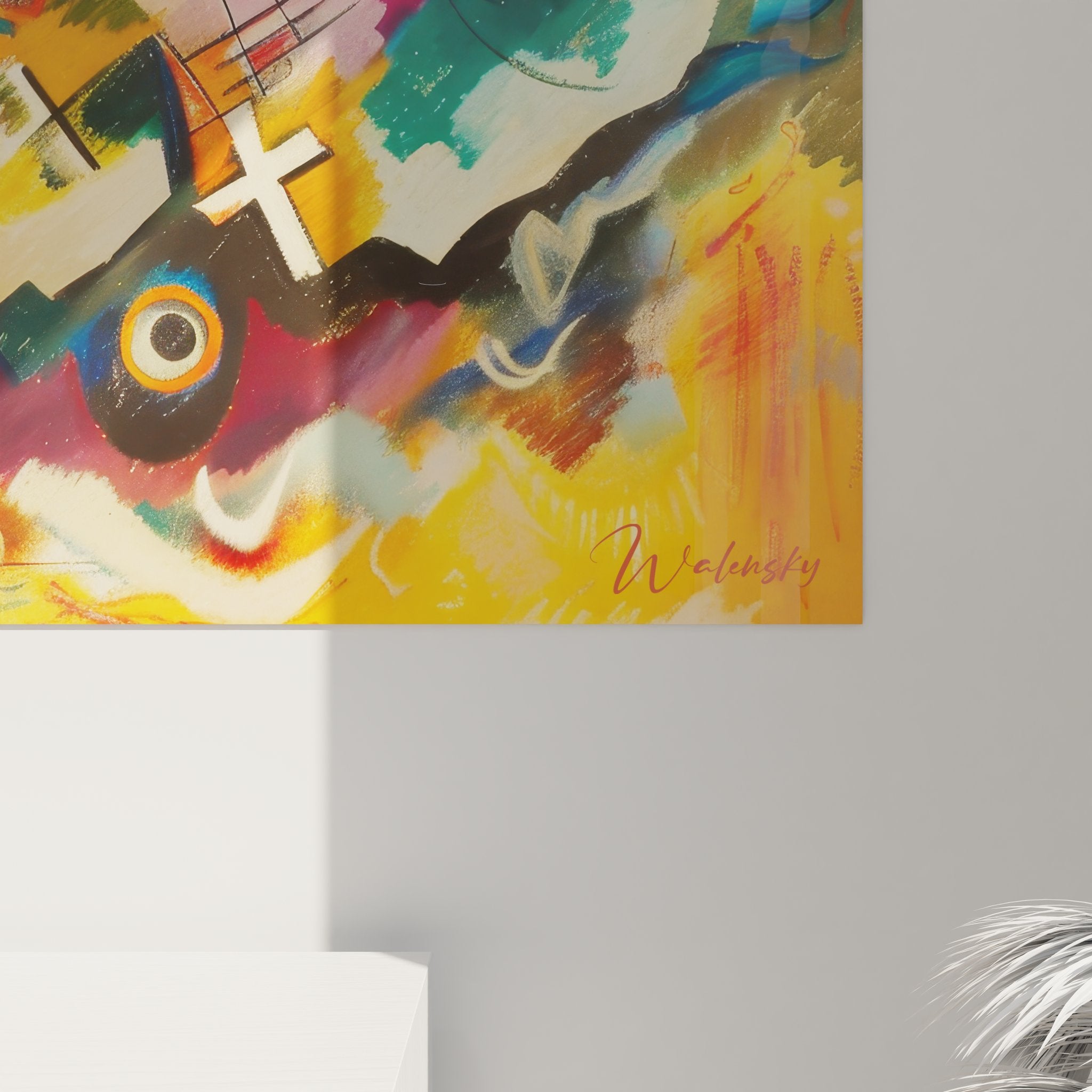 Vue ensemble tableau mural art abstrait géométrique composition colorée moderne