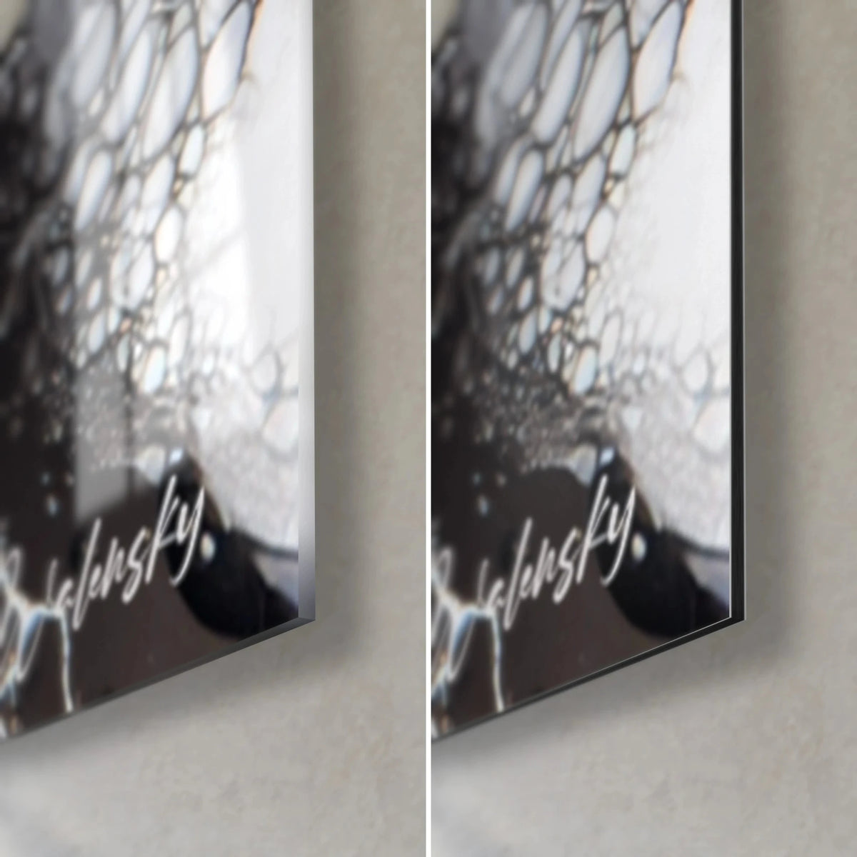 Wall art black and white marbling with grey cells, lower right corner: glossy acrylic glass on the left, matte Dibond on the right, black edge