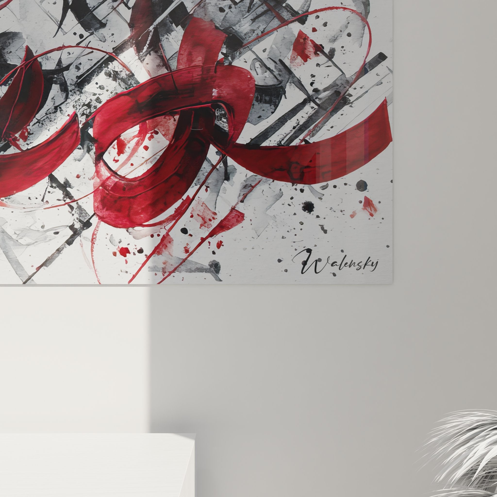 Vue d'ensemble du tableau abstrait rouge et noir - composition panoramique expressive