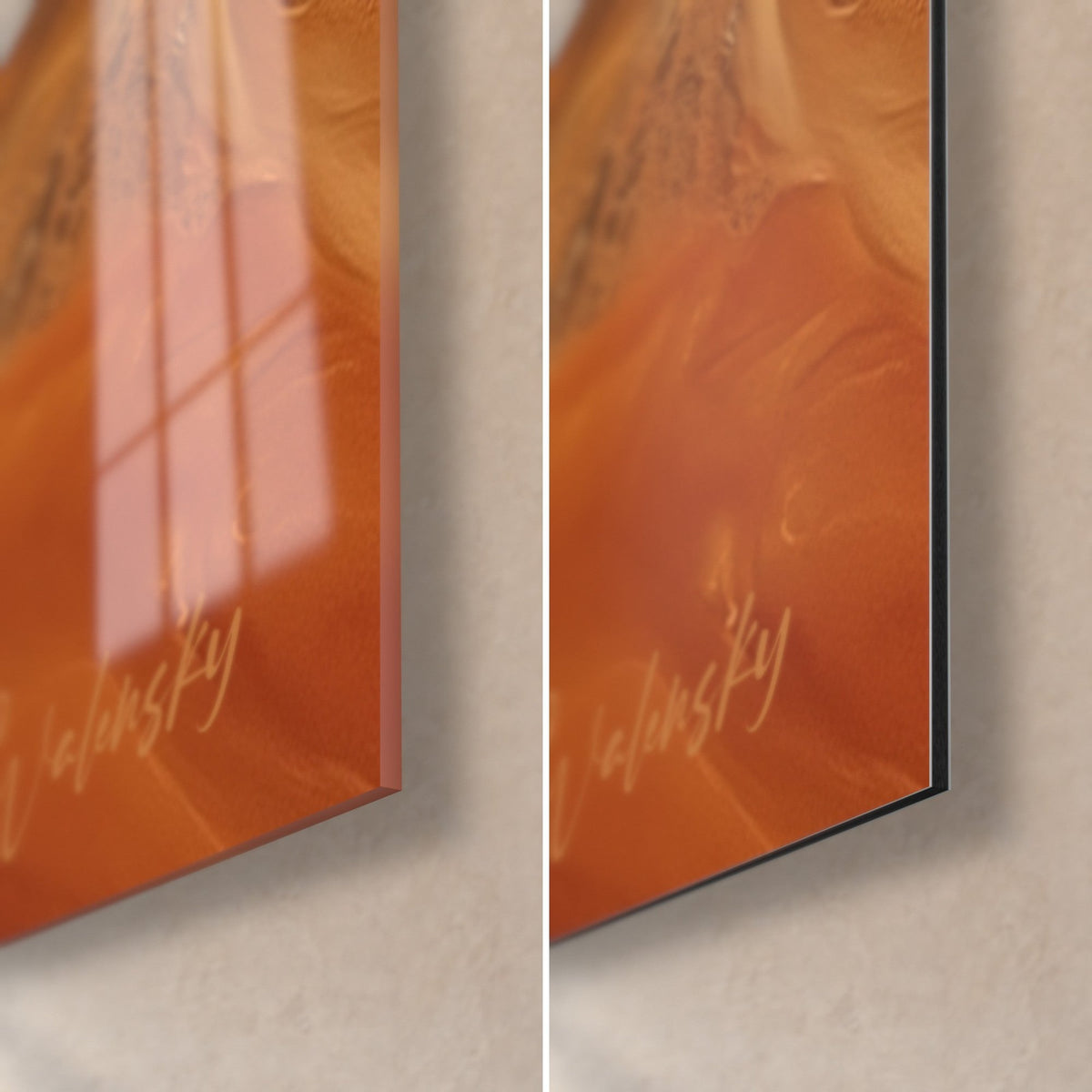Gemälde mit Ocker- und Siena-Wirbeln, untere rechte Ecke aus glänzendem Acrylglas mit Reflexen und mattem Dibond-Alu, 3 mm Stärke