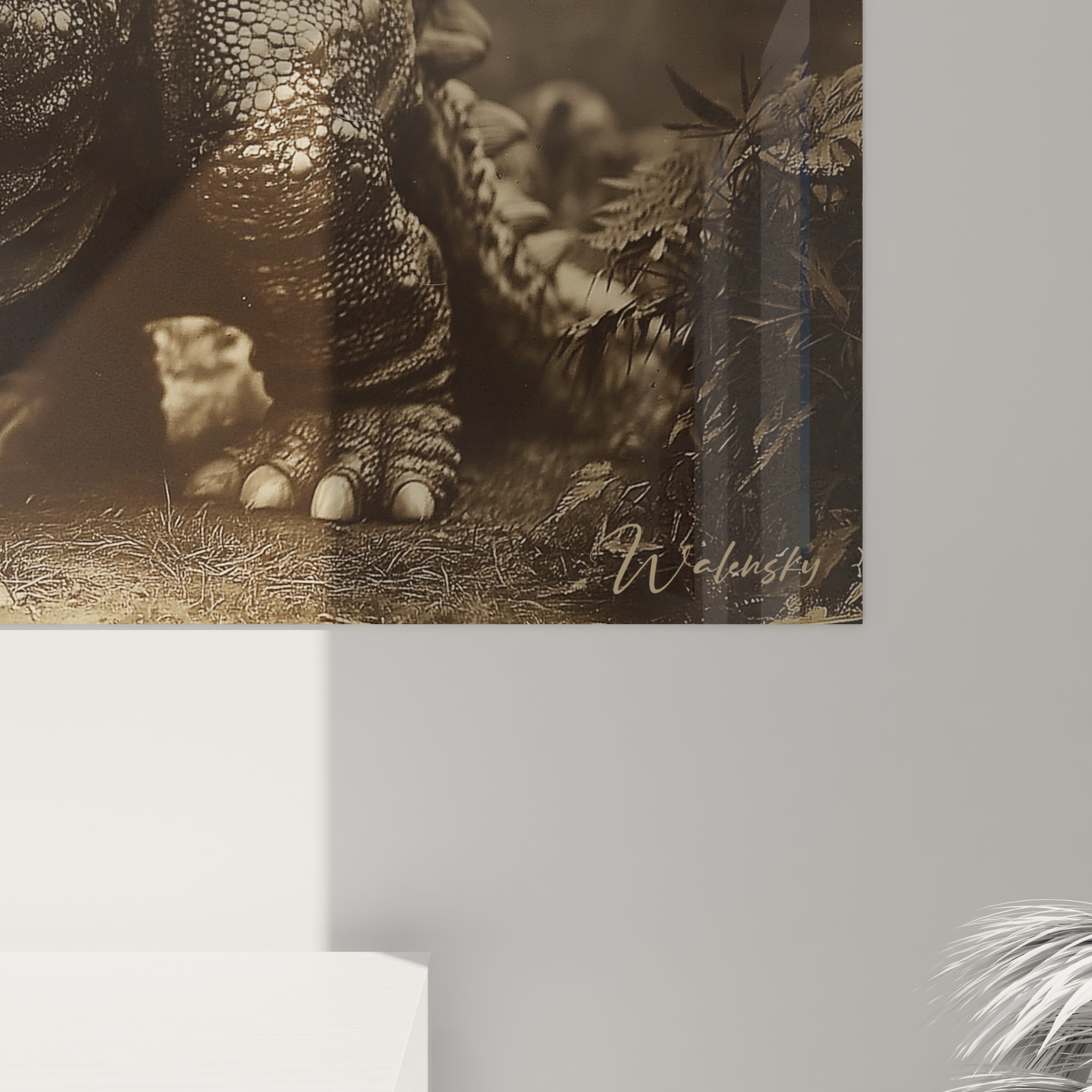 Vue ensemble tableau mural ankylosaure art préhistorique décoration intérieure vintage