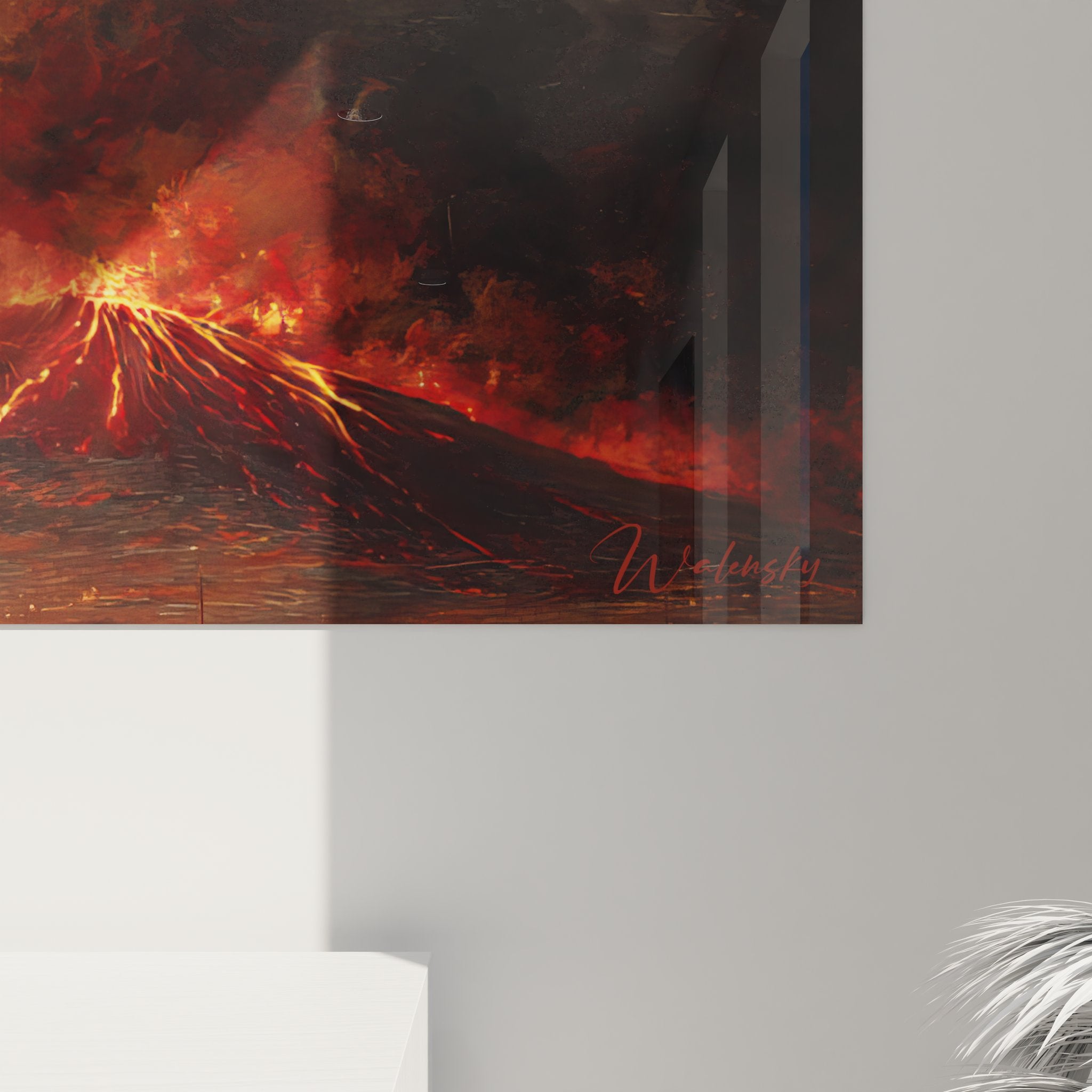 Vue ensemble art mural éruption volcanique, peinture décorative volcan avec cratères actifs et panaches fumée