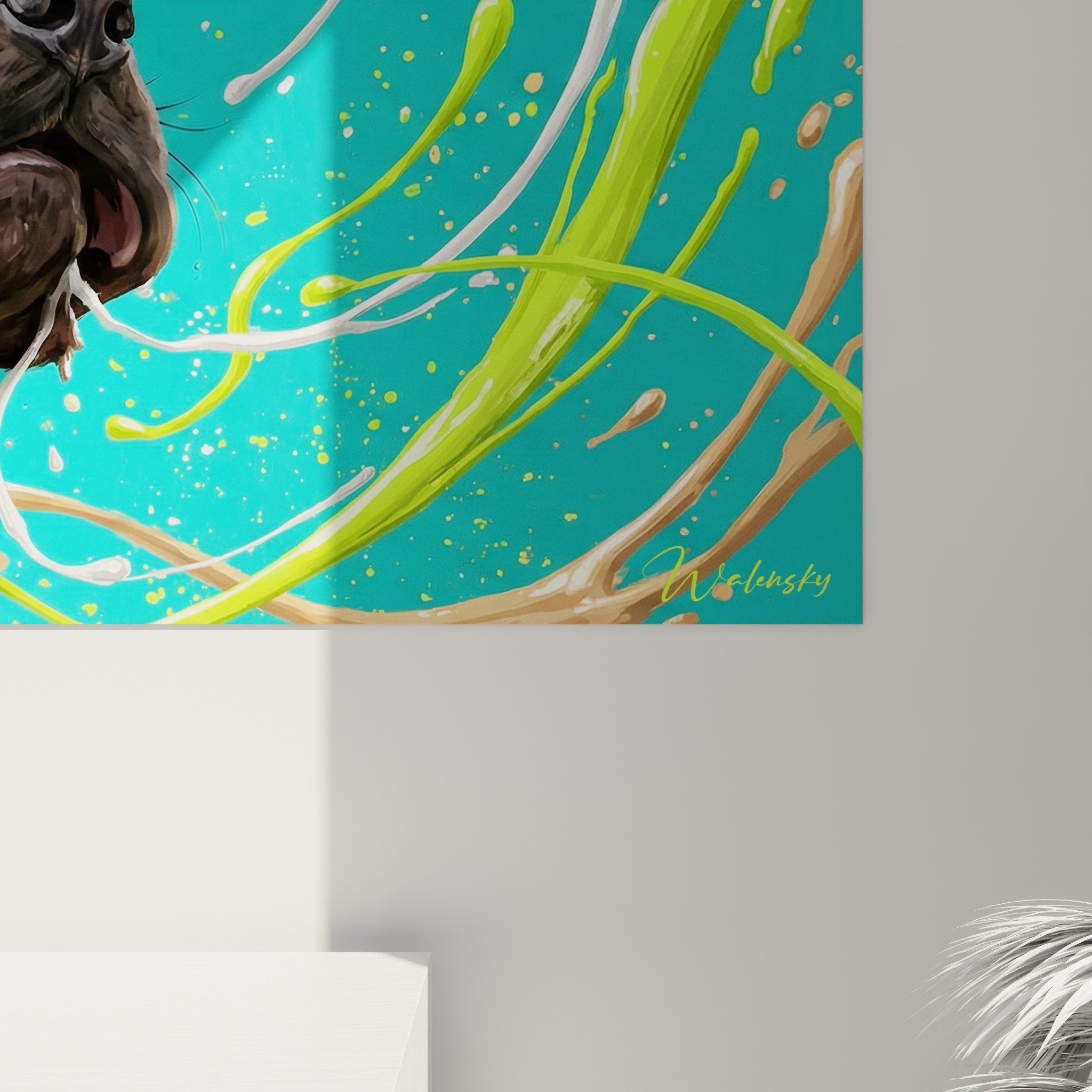 Vue d'ensemble tableau panoramique Fila Brasileiro, couleurs vives turquoise et vert, art mural contemporain