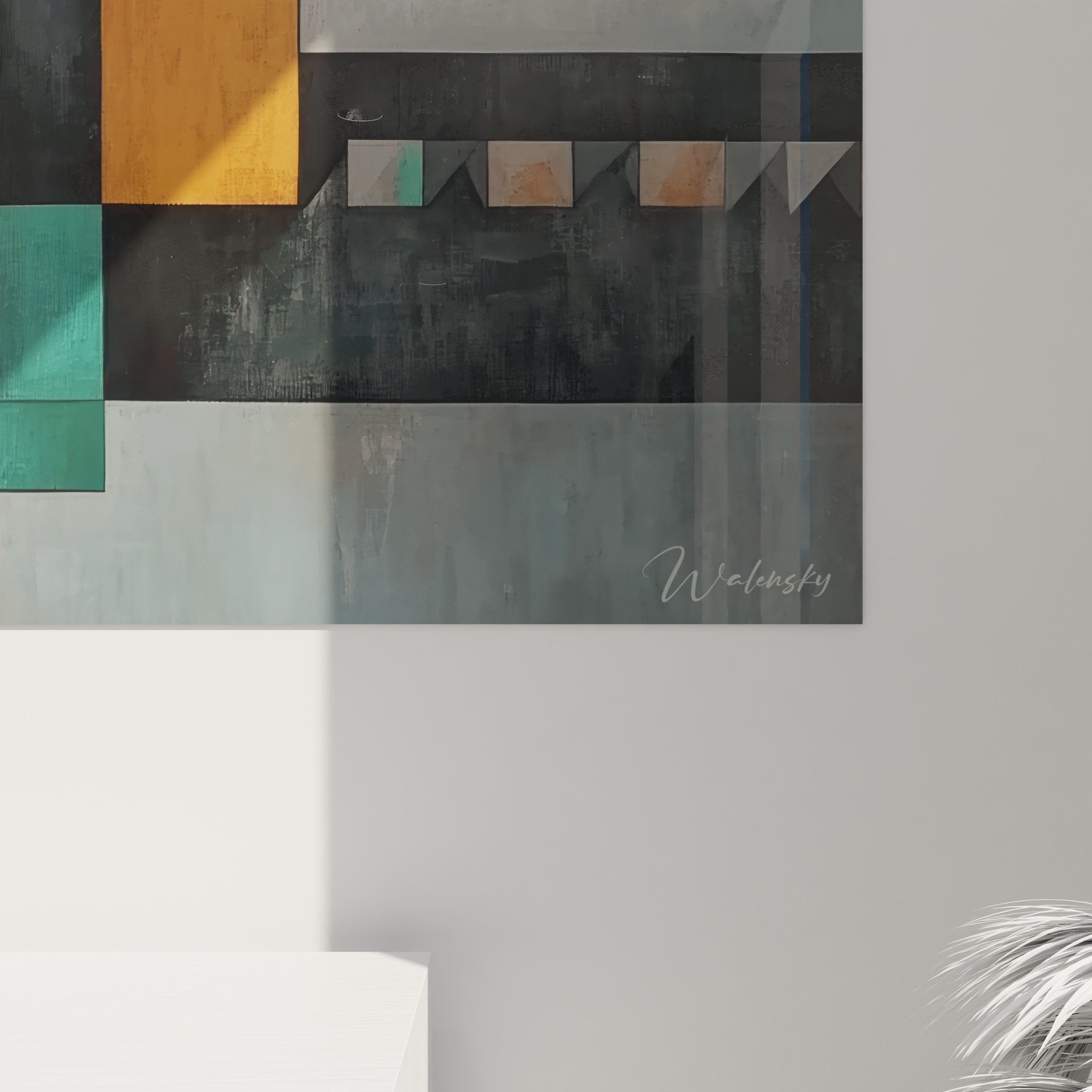 Vue ensemble tableau géométrique abstrait art mural moderne décoration contemporaine