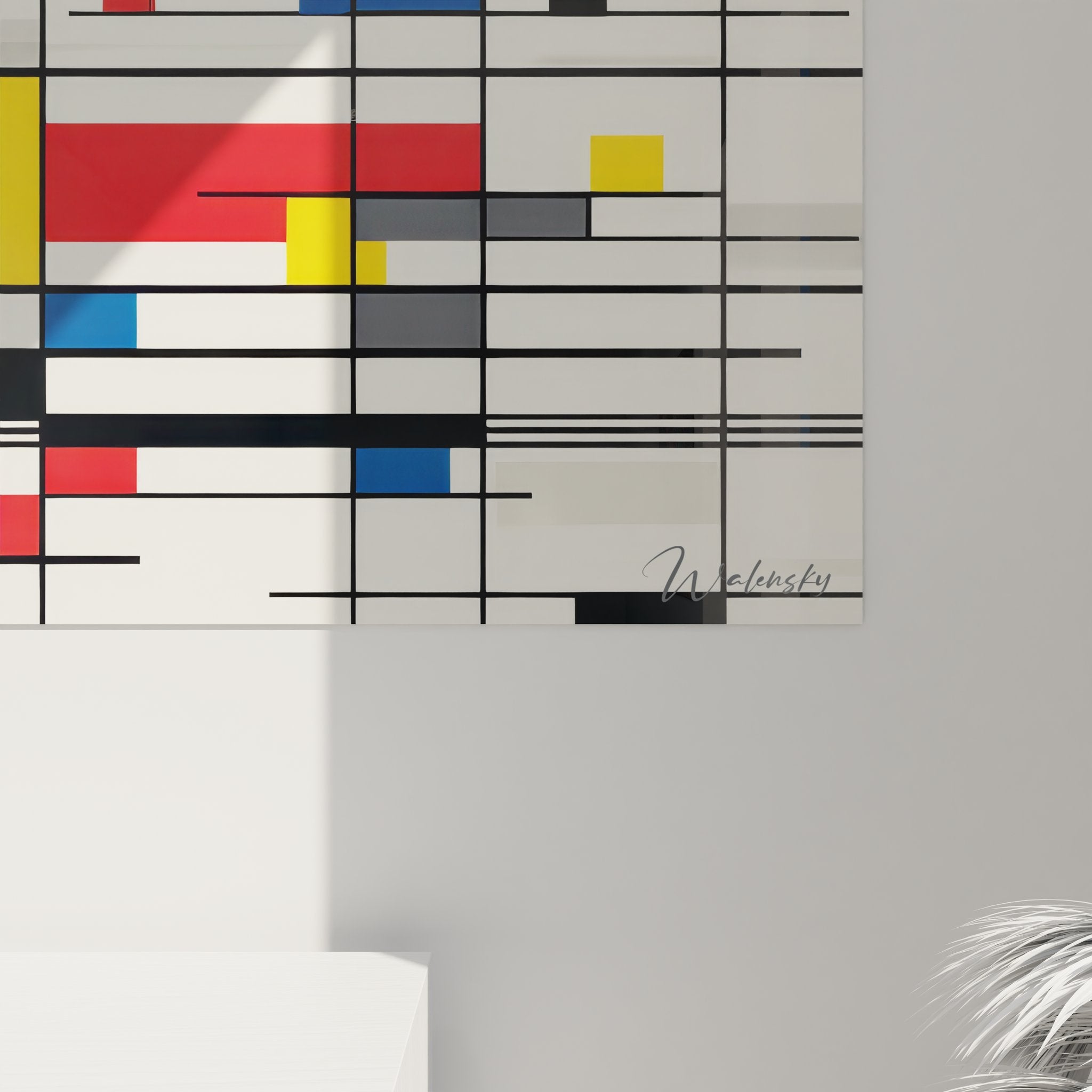 Vue ensemble tableau mural géométrique abstrait moderne couleurs primaires décoration contemporaine