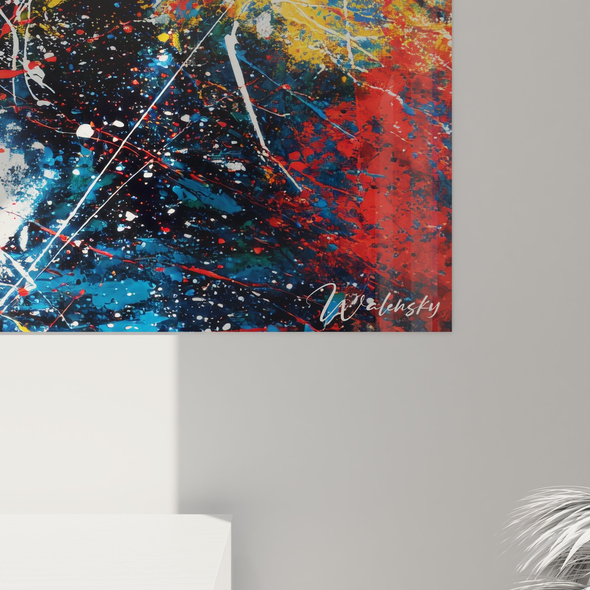 Vue ensemble œuvre art mural géométrique abstrait style Mondrian contemporain multicolore