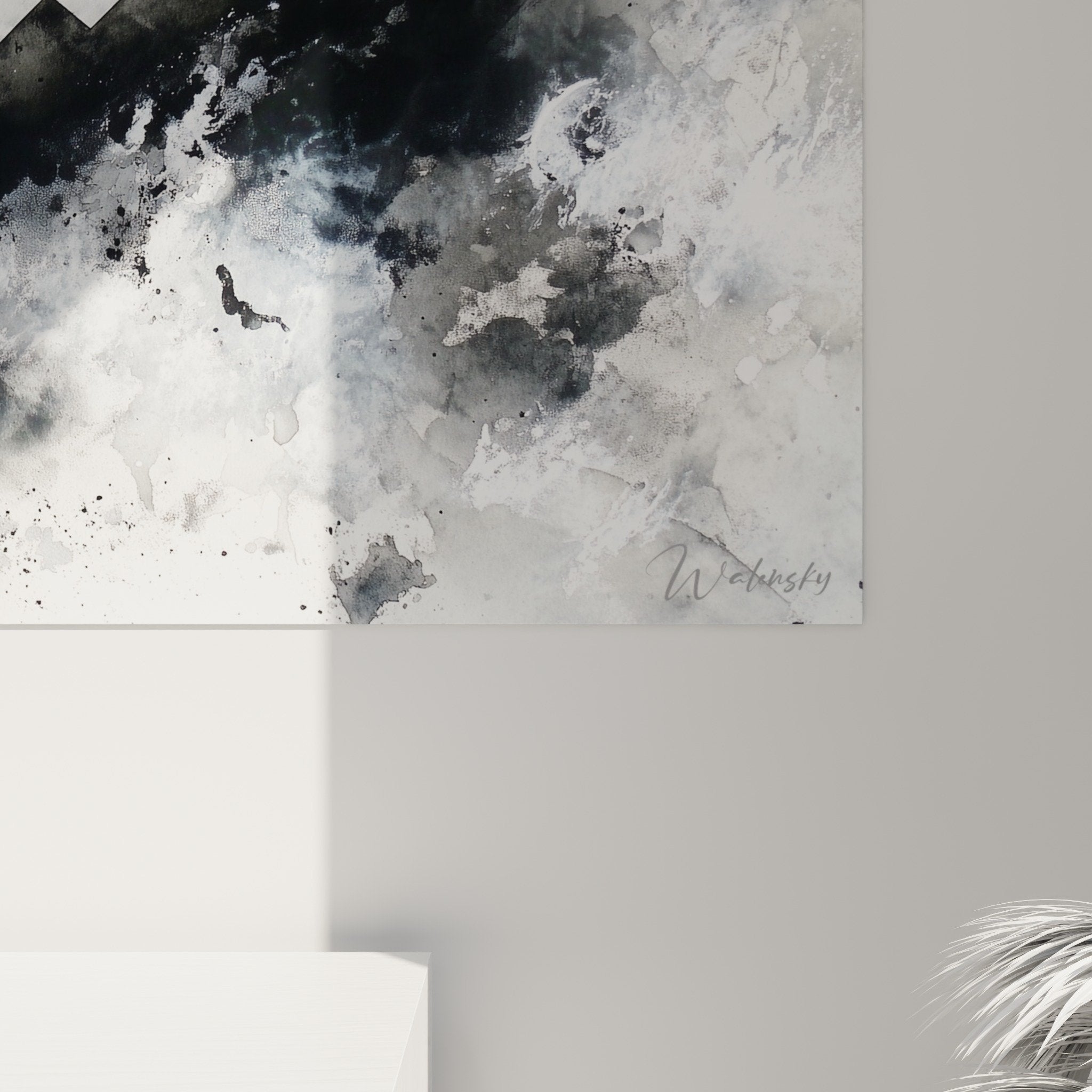 Vue d'ensemble tableau abstrait gris noir dans intérieur moderne, art mural feng shui ouest métal raffiné
