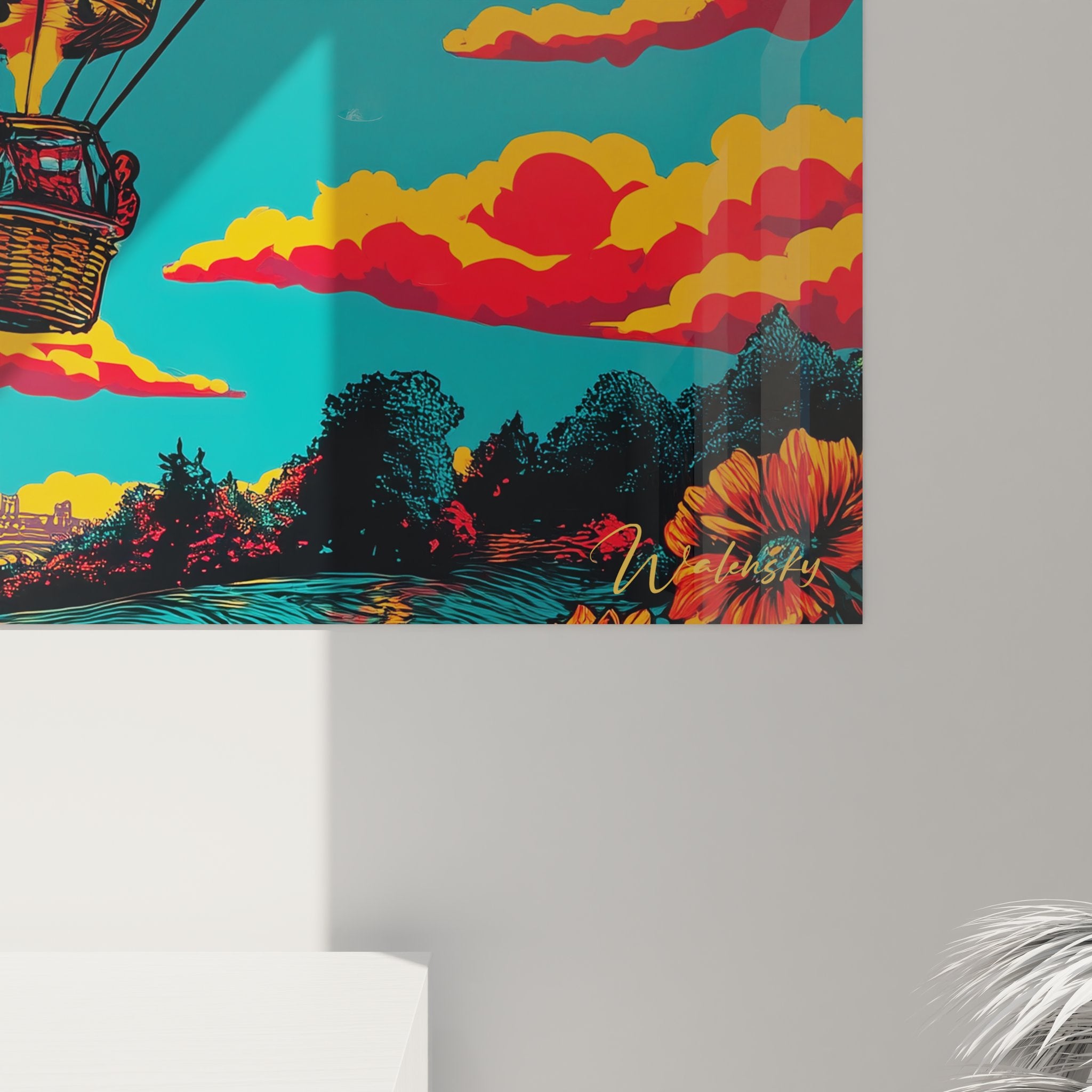 Vue ensemble tableau art mural montgolfière style rétro-futuriste avec nuages colorés et paysage rural