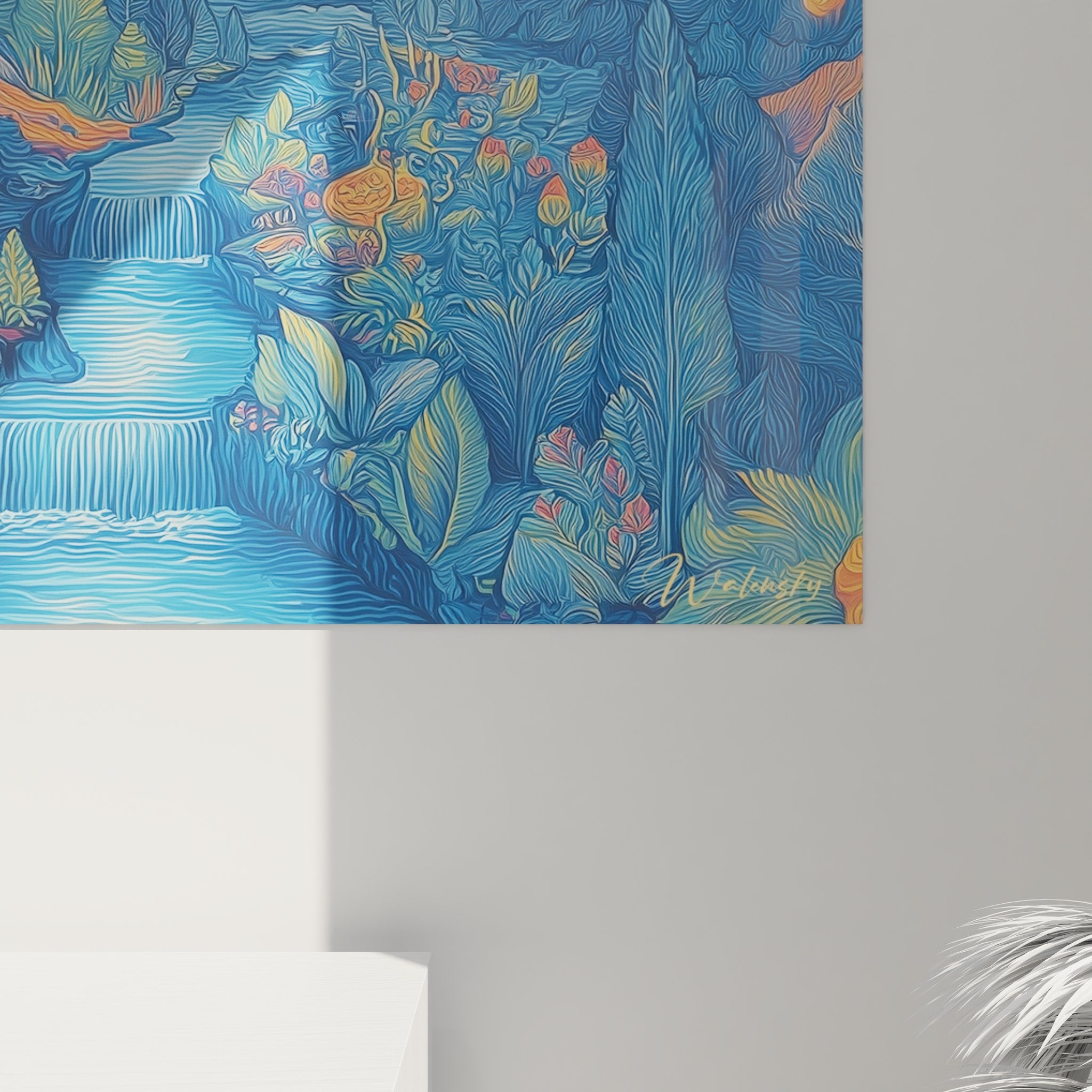 Overview stylized mountain landscape wall art - modern decorative art golden waterfall