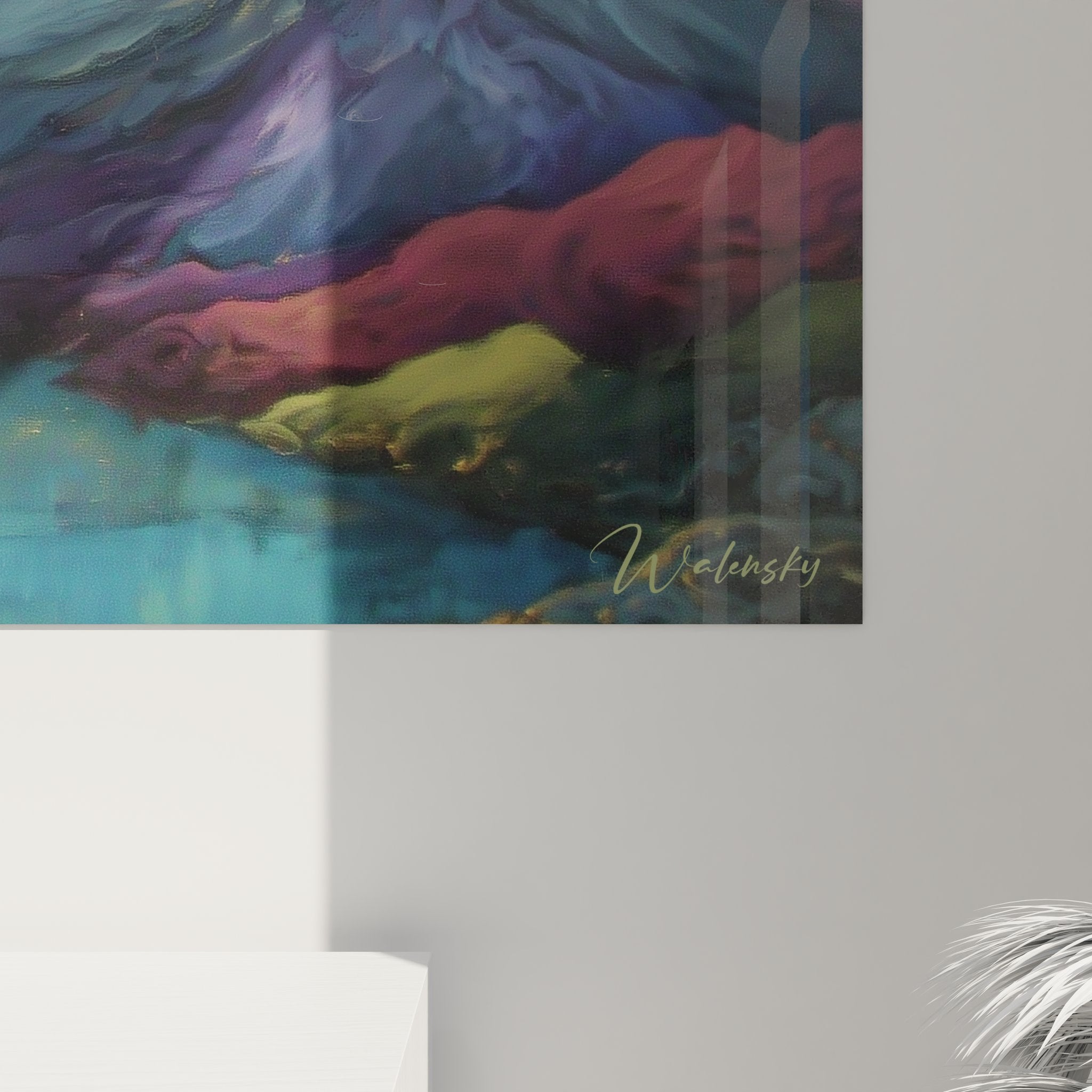 Vue ensemble tableau art mural paysage alpin avec lumière divine et reflets dans eau calme