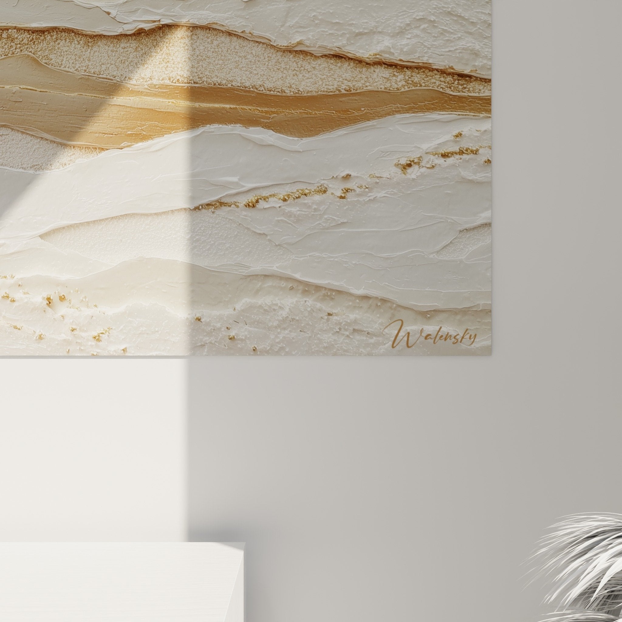 Vue d'ensemble tableau mural abstrait ondulations beige doré décoration Feng shui Centre Terre