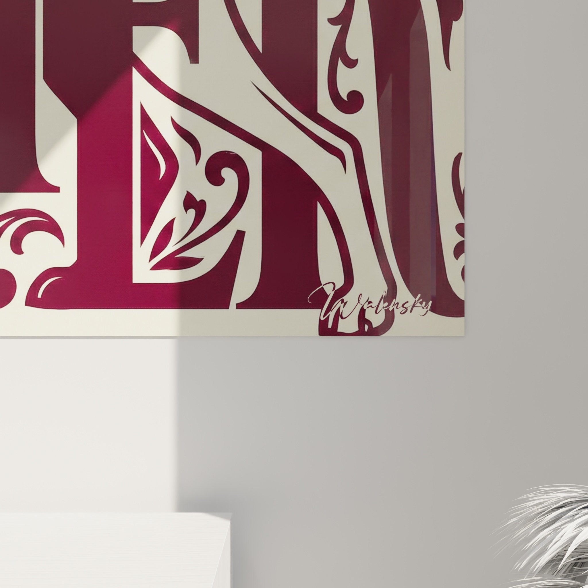 Vue d'ensemble œuvre pointer anglais typographique tons bordeaux crème art mural